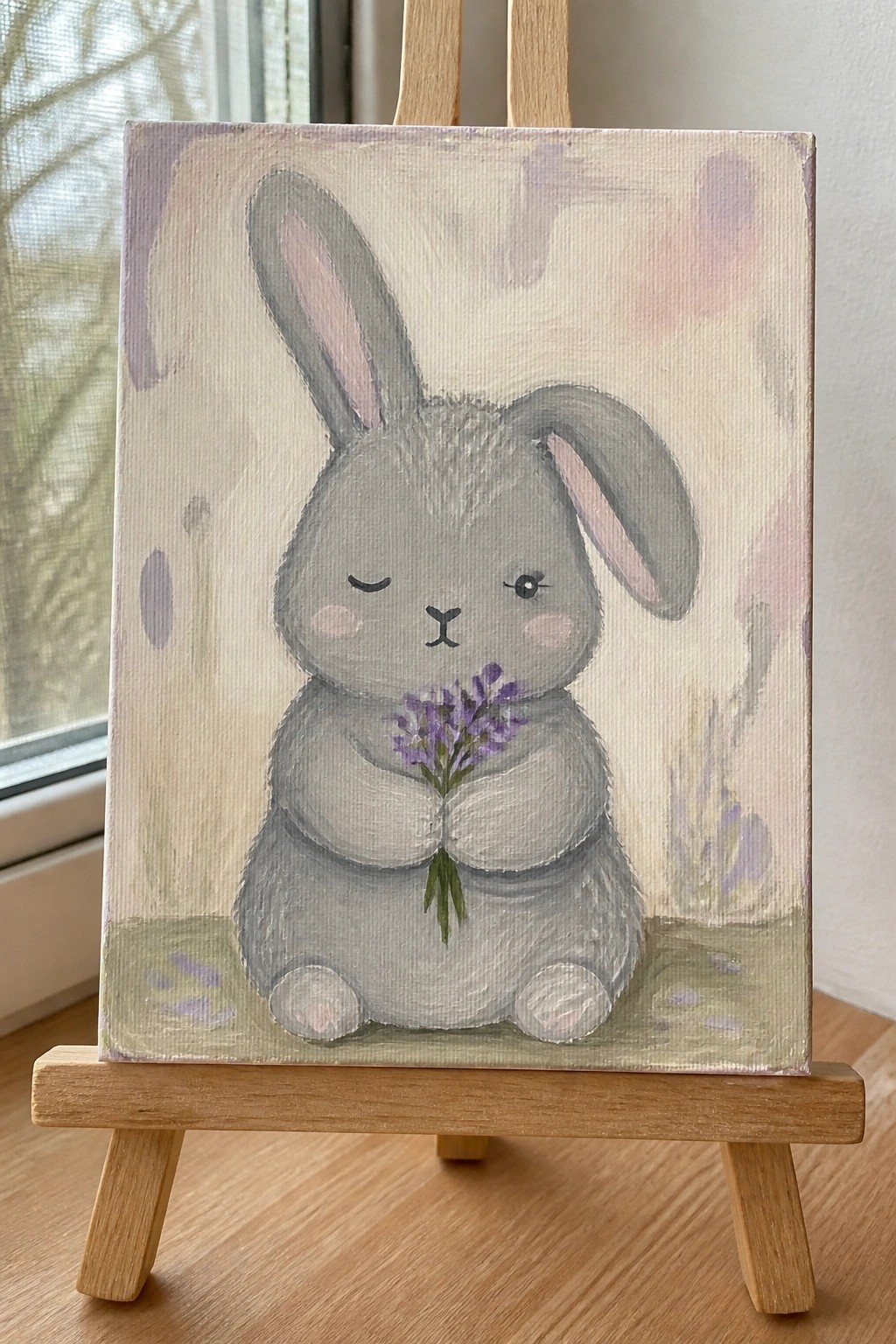 Cute gray bunny with closed eyes holds purple flowers on wooden easel