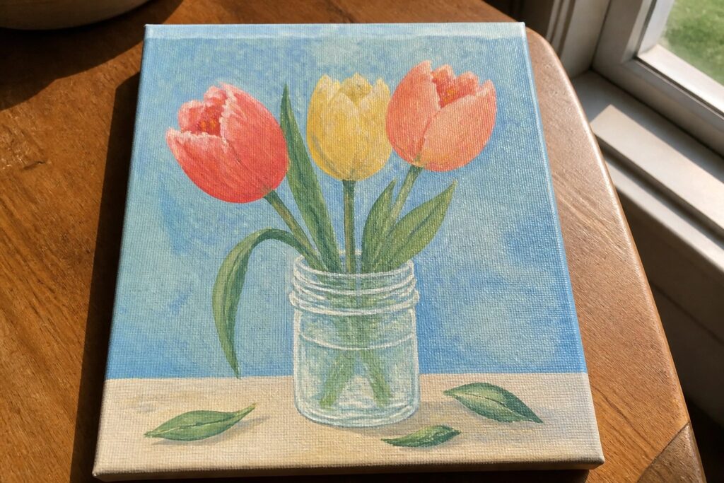 25 Spring Acrylic Painting Ideas With Fresh Blooming Energy Painting of three tulips in a mason jar with scattered leaves.