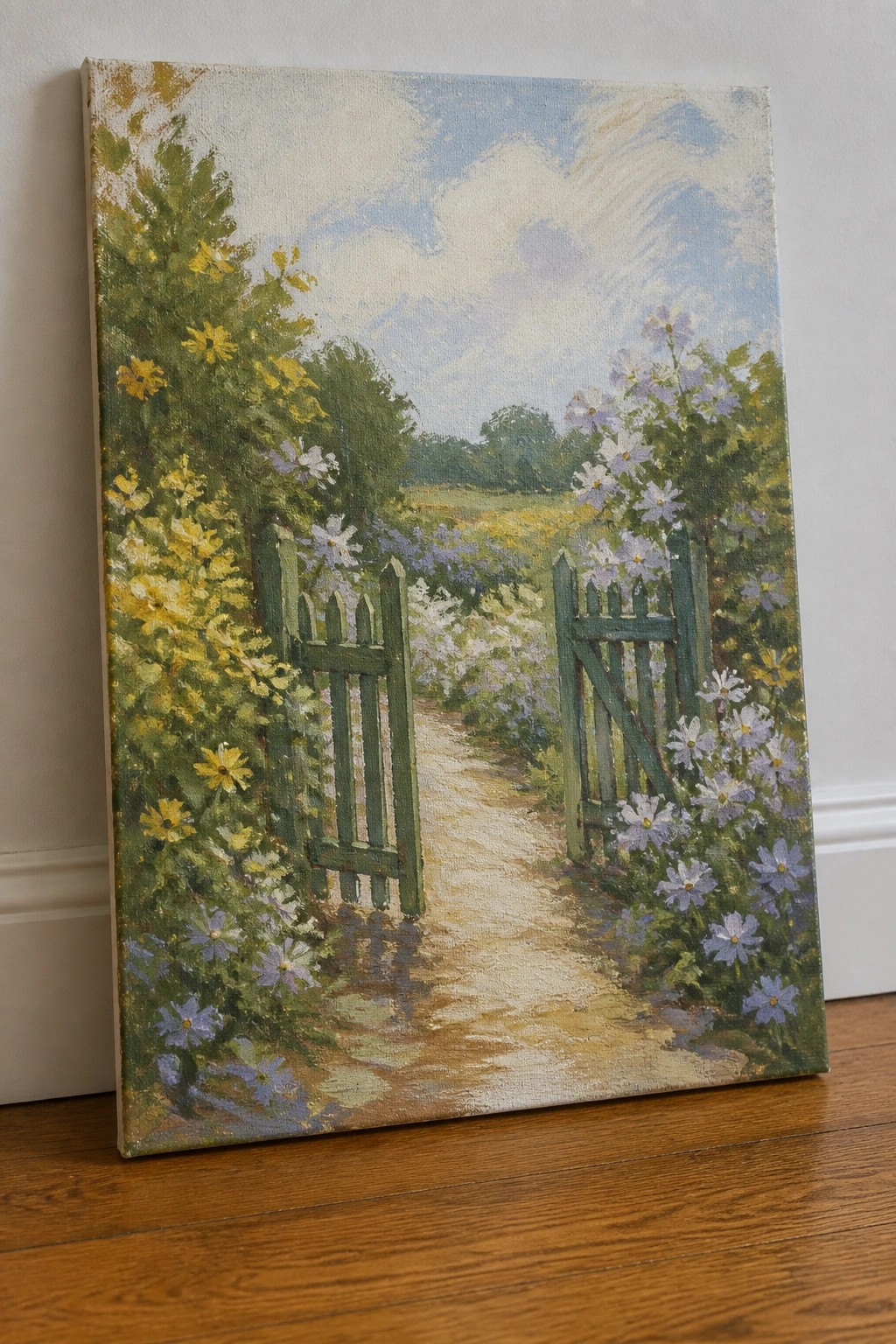 Open green gate amid yellow and purple wildflowers along a sunny garden path.