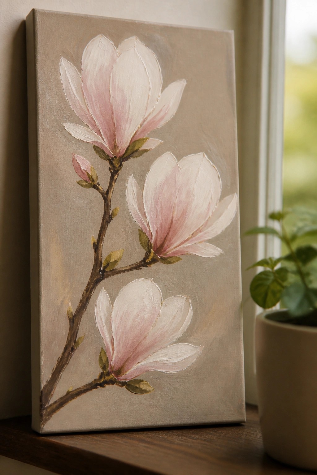 Pink and white magnolia flowers painted on canvas beside potted plant