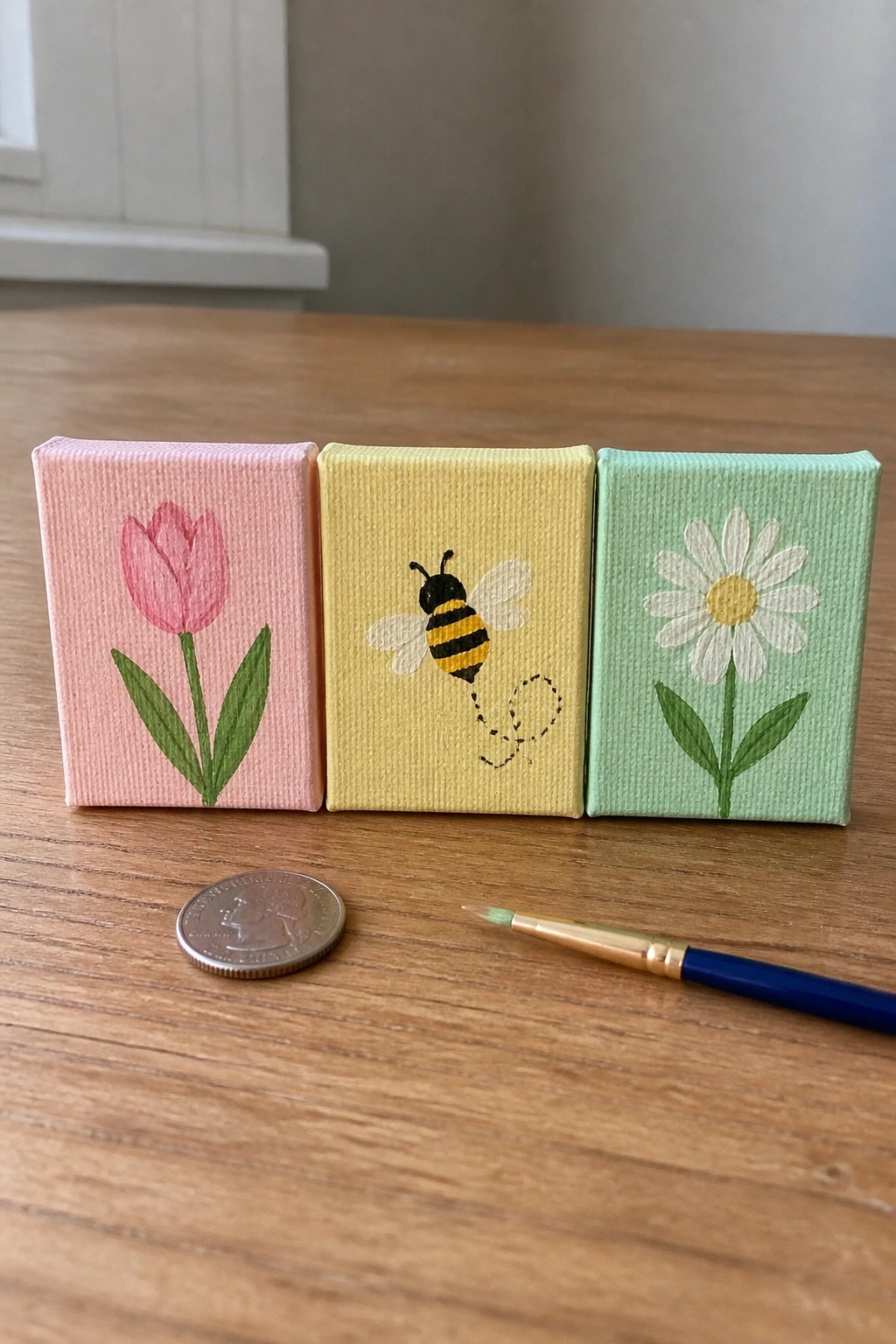 Three mini canvases with tulip, bee, and daisy beside quarter and paintbrush on wood.