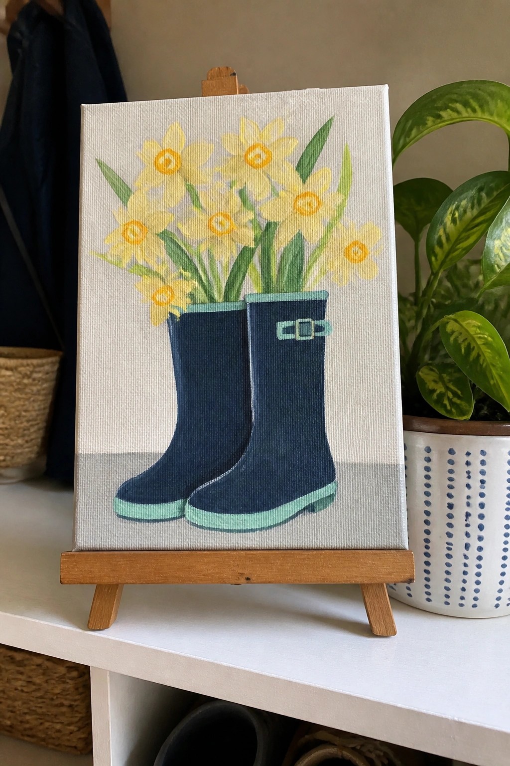 Painting of yellow daffodils in navy blue rain boots on wooden easel
