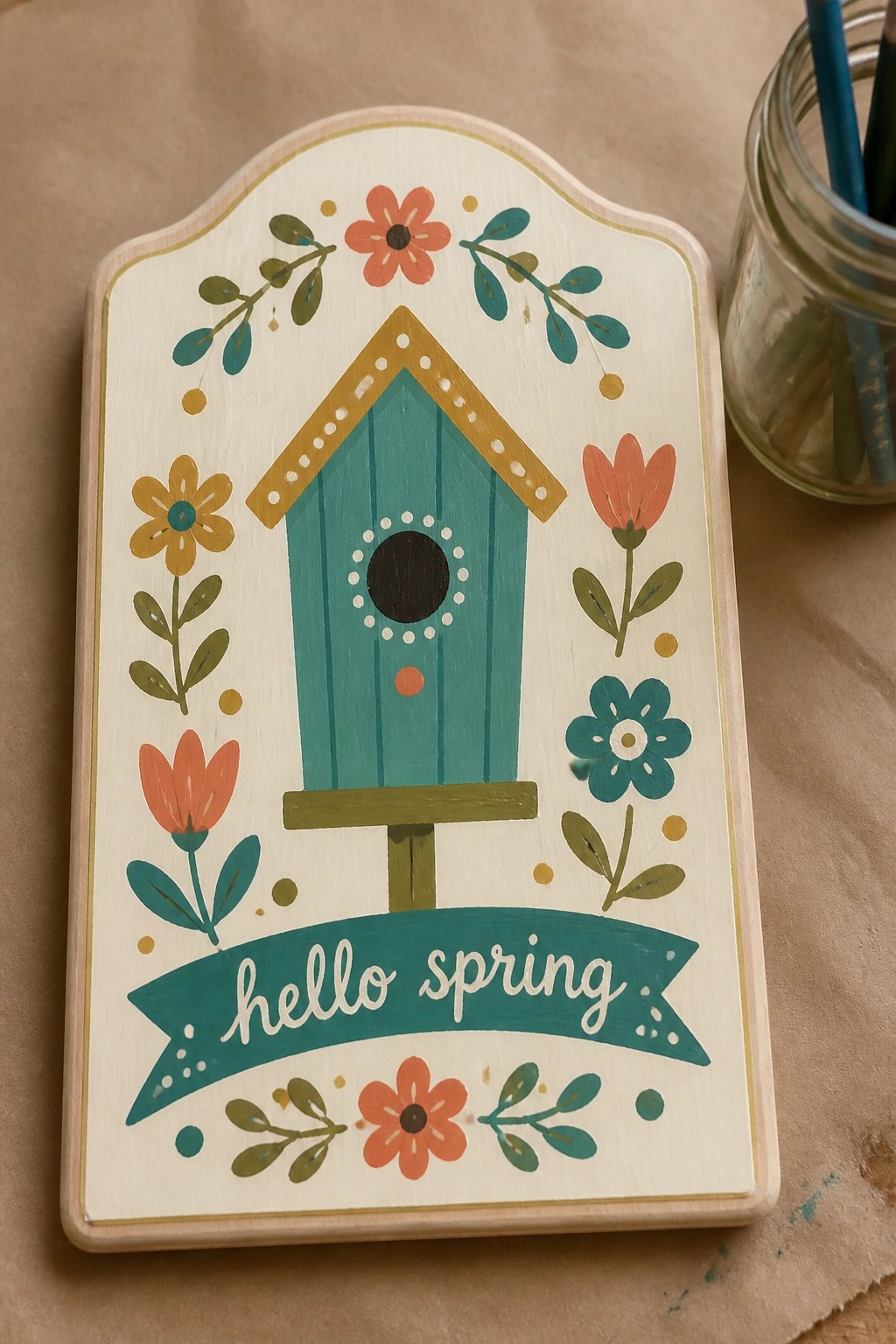 Hand-painted wooden sign with teal birdhouse, flowers, and hello spring banner
