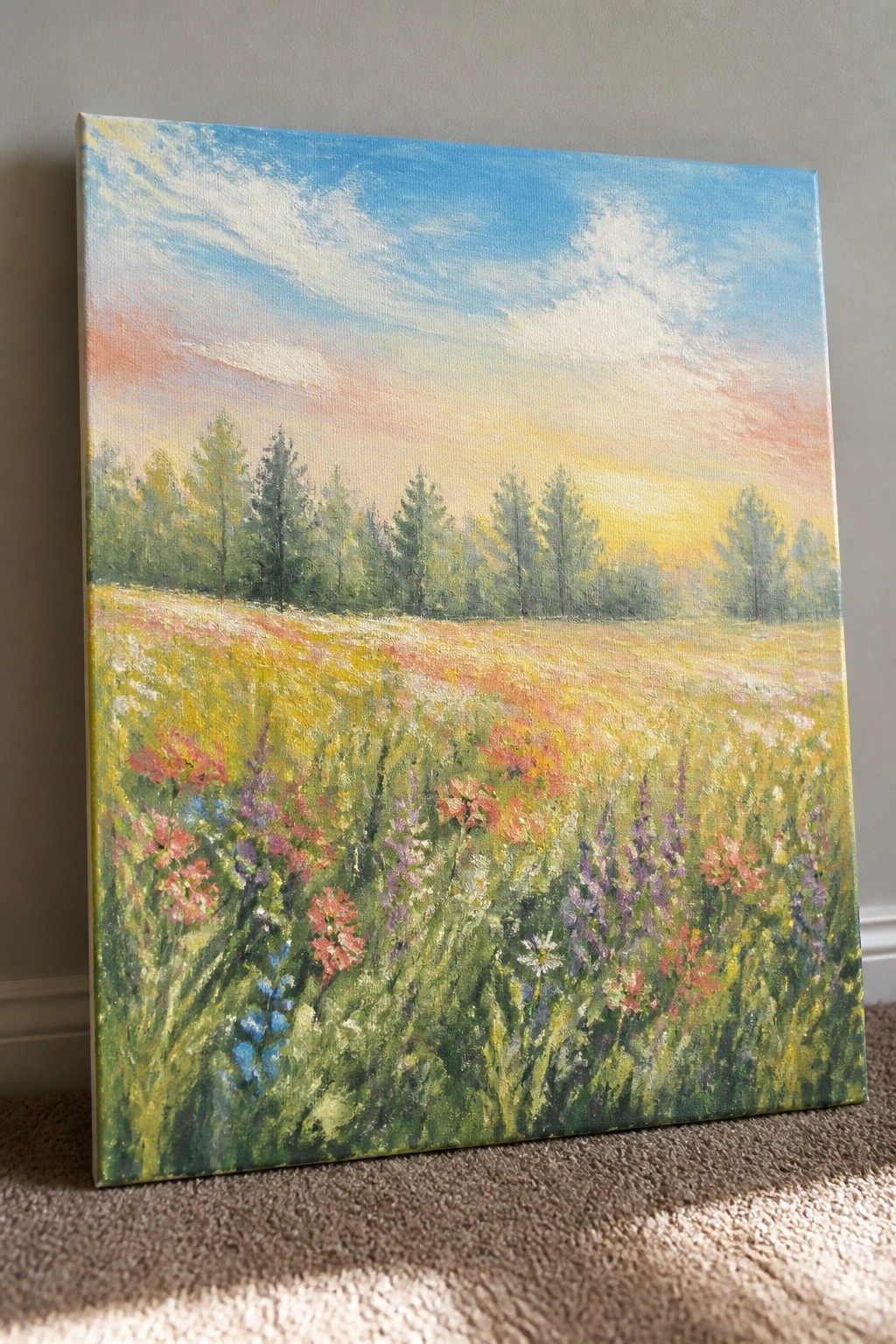 Vibrant painting of a wildflower meadow with colorful blooms, trees, and sunset sky