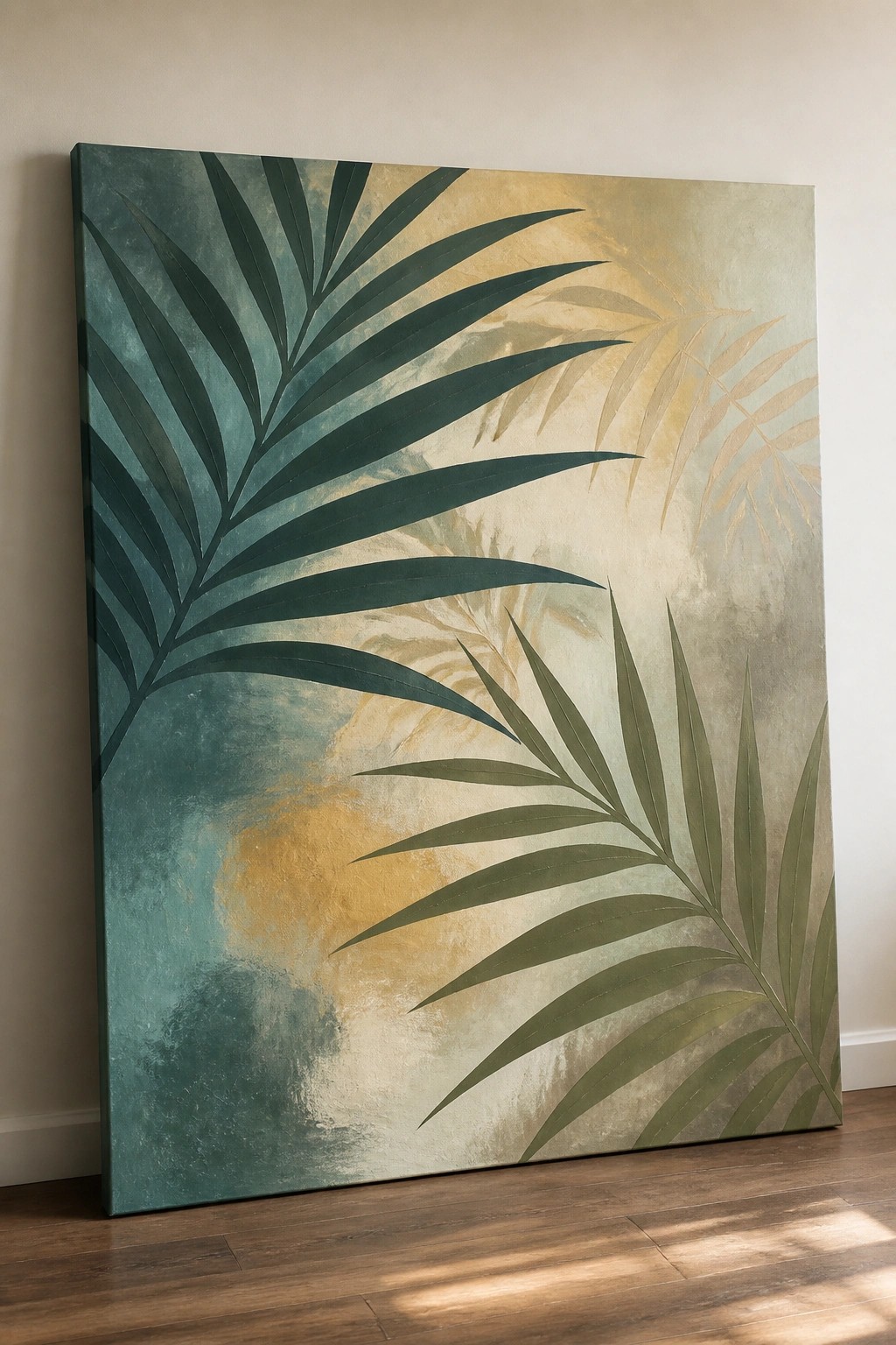 Large abstract painting of tropical palm leaves in teal, green, and gold tones.