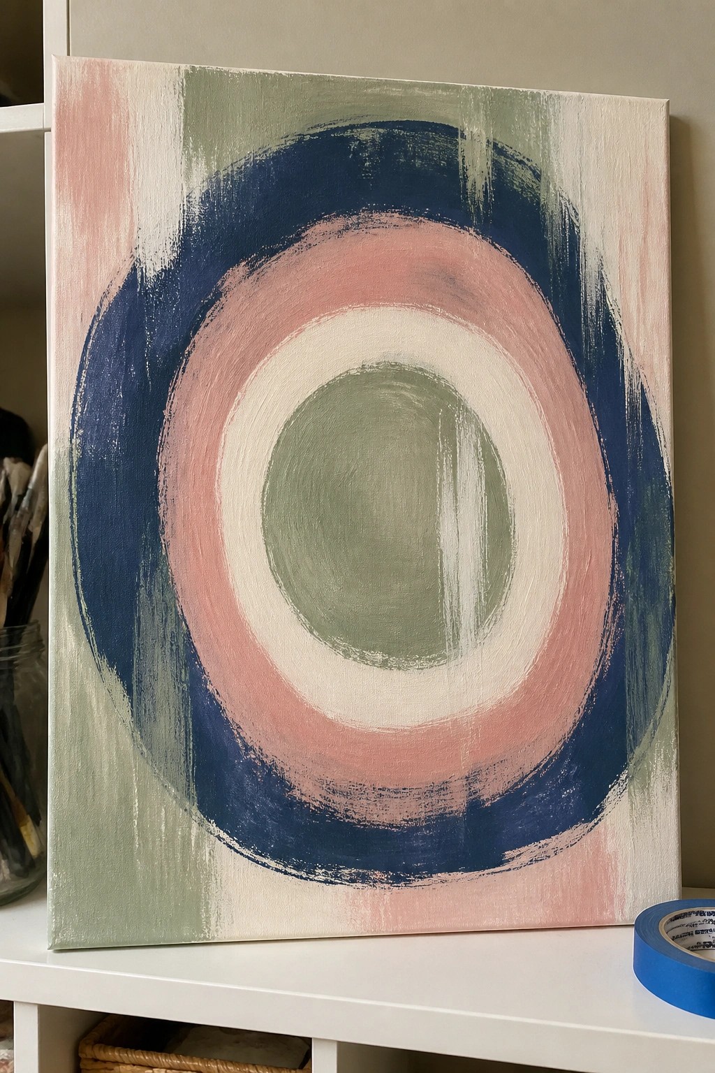 Abstract canvas with concentric circles in navy blue, pink, white, and sage green