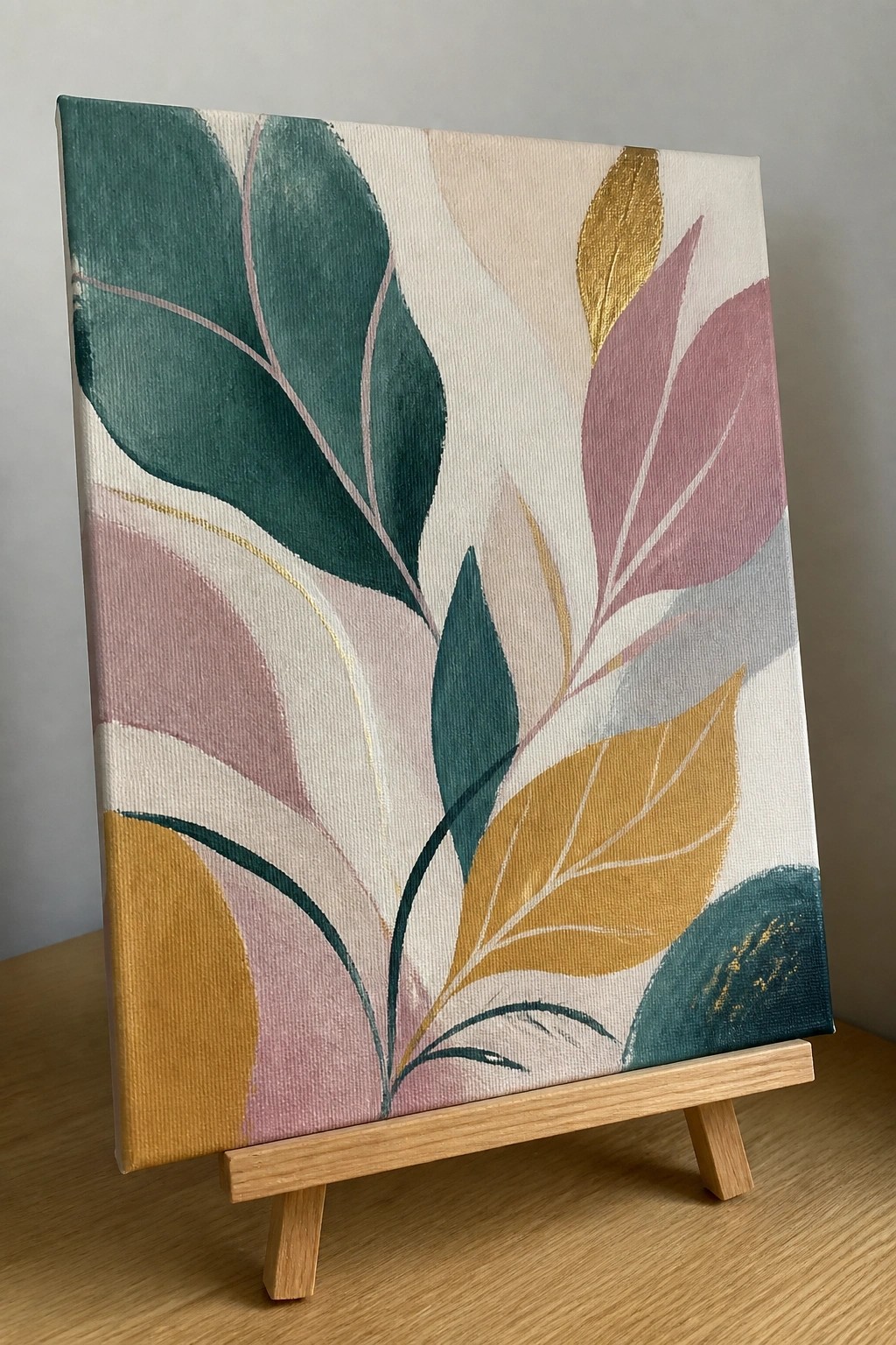 Abstract canvas with colorful stylized leaves on wooden easel stand