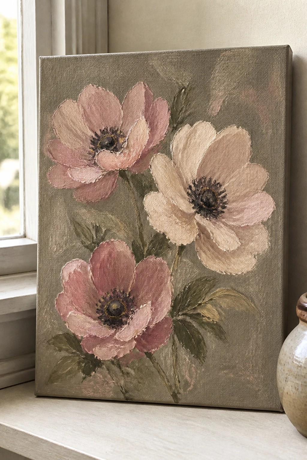 Painting of three pink and cream flowers on olive green canvas by window