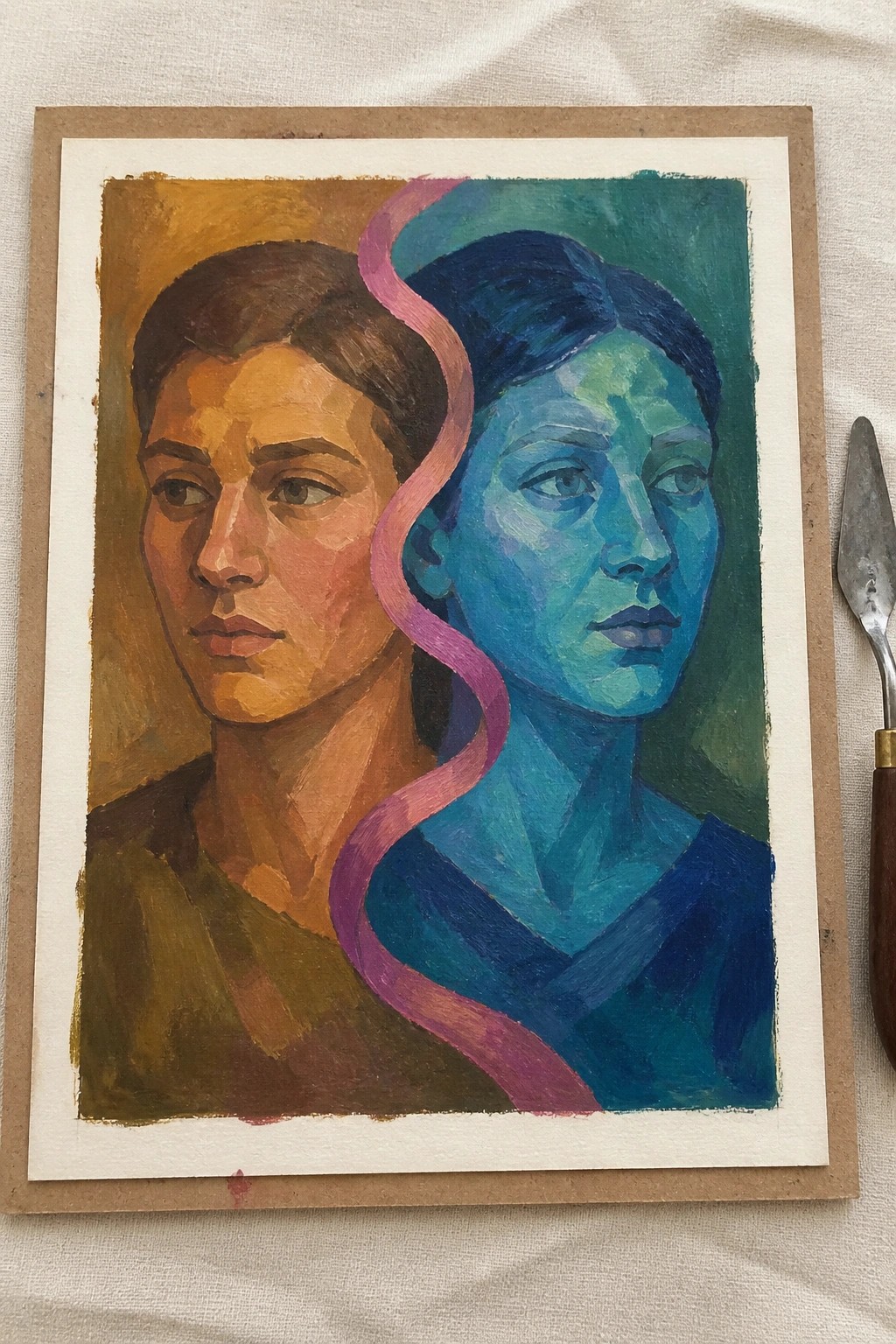 Colorful oil painting of two women's faces in warm orange and cool blue tones with pink swirl