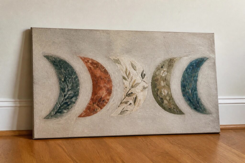 Abstract canvas art of moon phases with leafy botanical patterns in earthy tones.