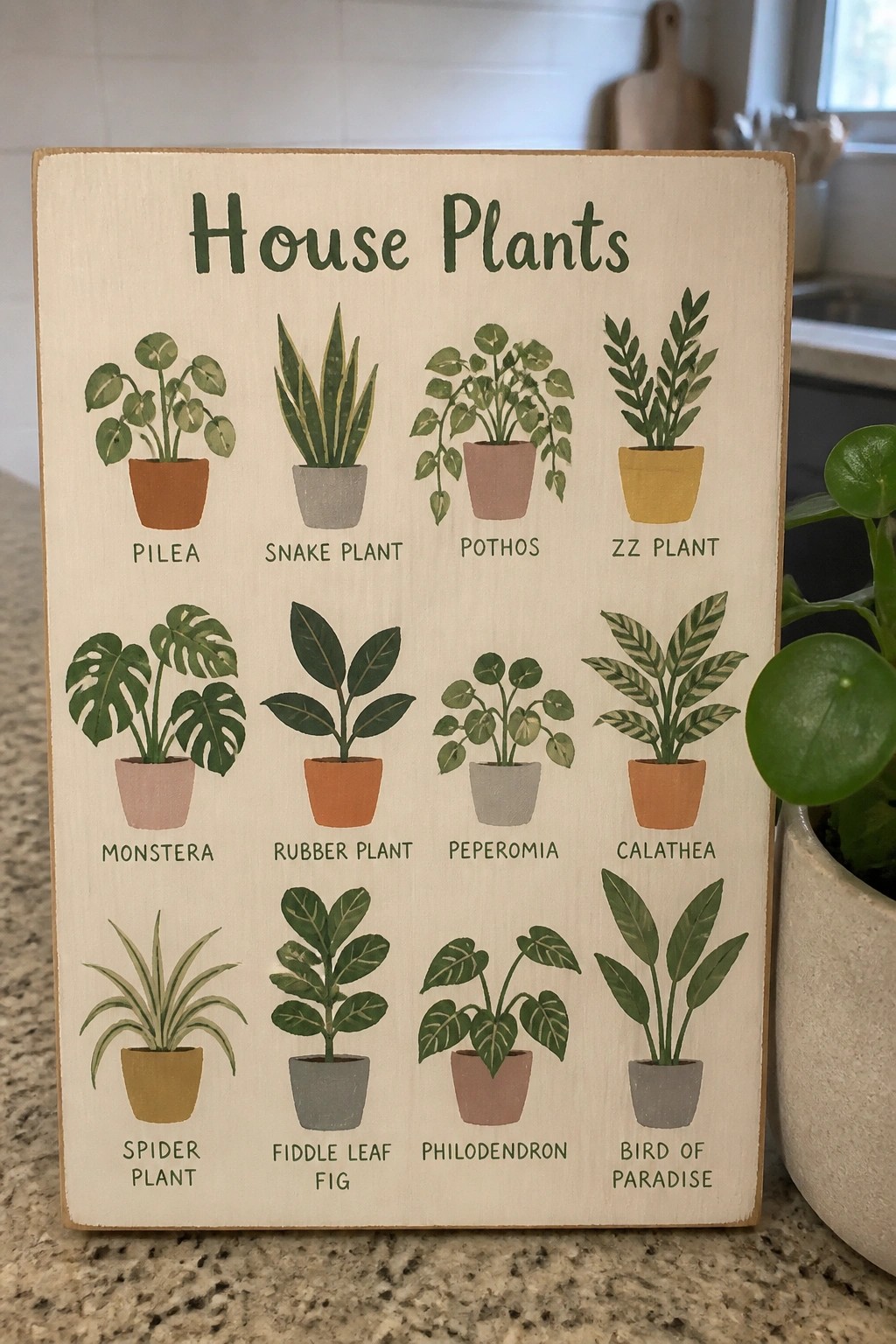 Wooden sign titled House Plants with twelve illustrated potted plants and labels