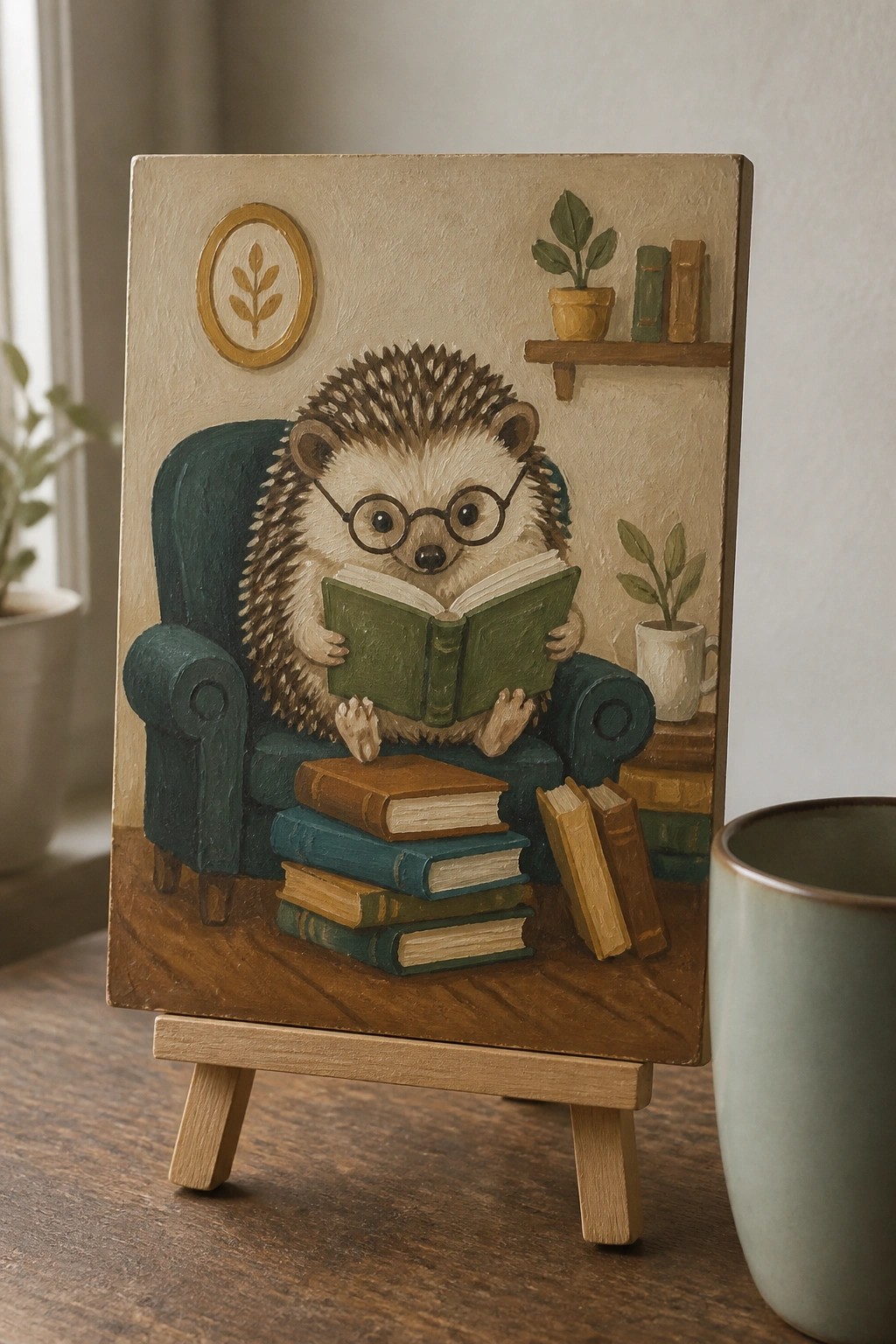 Hedgehog with glasses reads green book in teal armchair amid scattered books and plants
