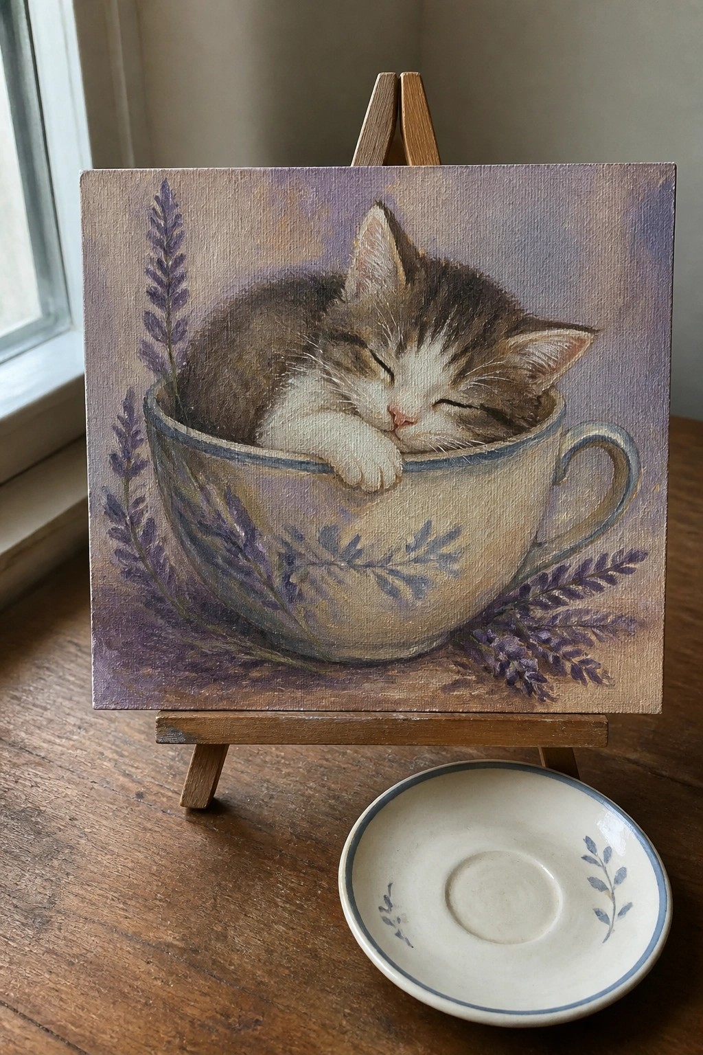 Small wooden easel with kitten-in-teacup painting and matching saucer on table