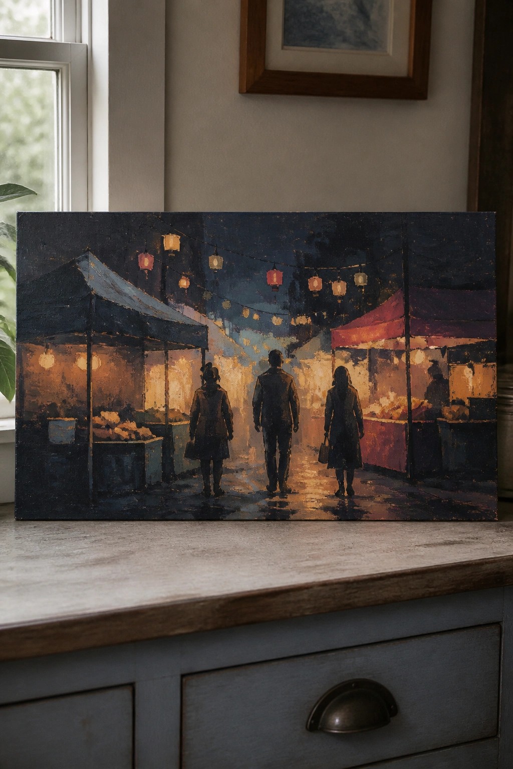 Oil painting of three figures walking through a rainy lantern-lit night market