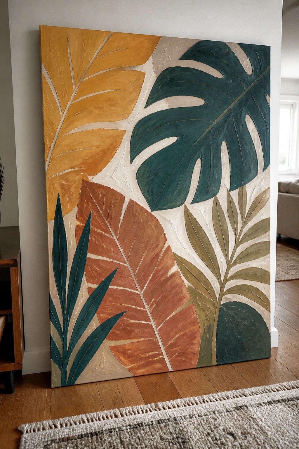 Large colorful abstract painting of tropical leaves in yellow, teal, and brown leaning on wall.