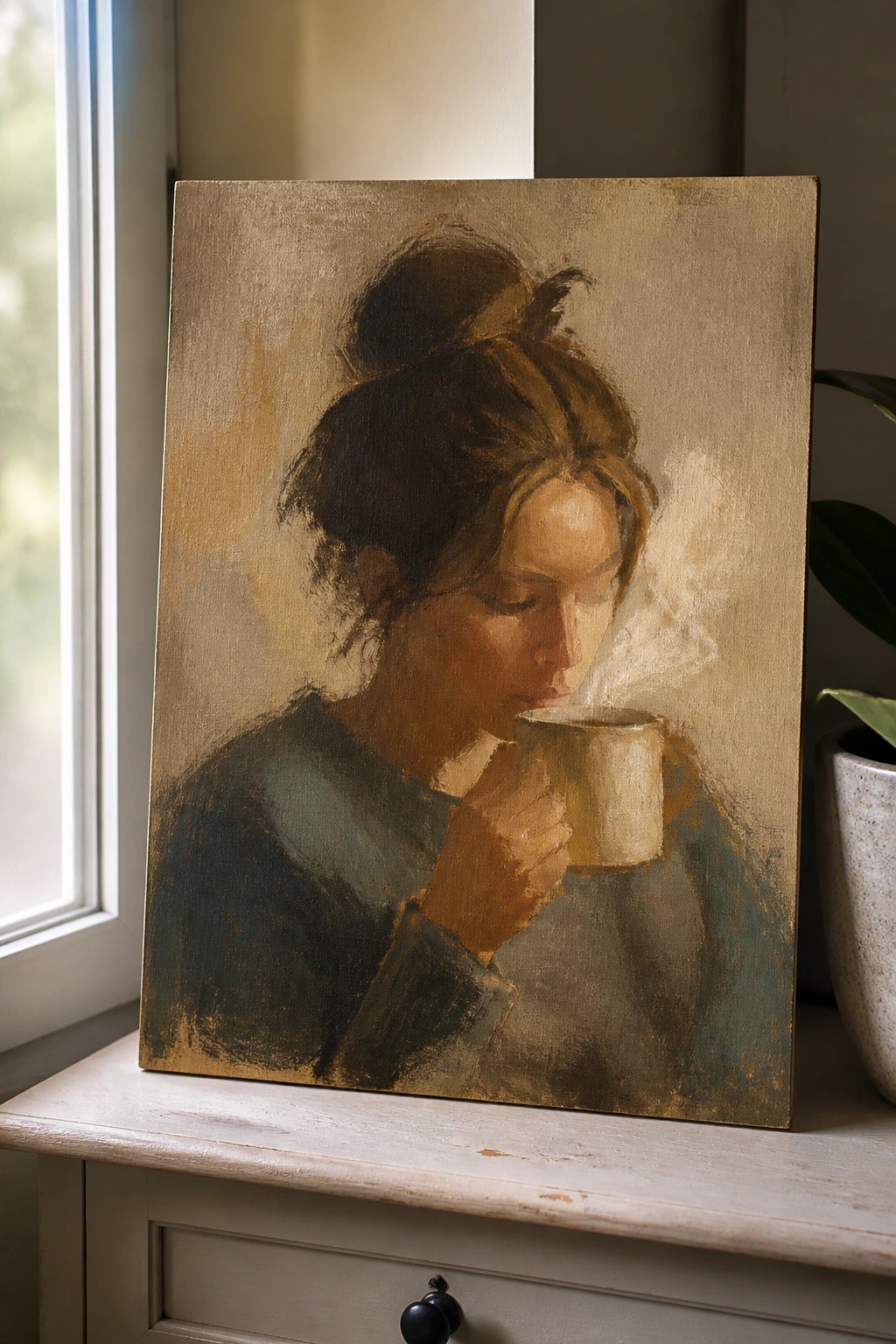 Oil painting of a woman with hair in a bun sipping from a steaming mug on canvas.