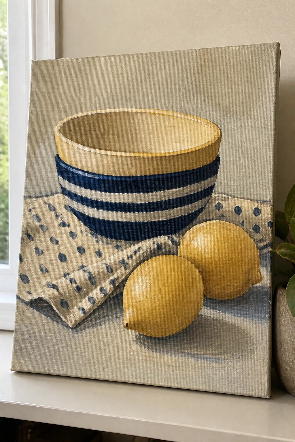 An oil painting of a blue striped bowl with two yellow lemons resting on a blue polka dot cloth against a plain background.