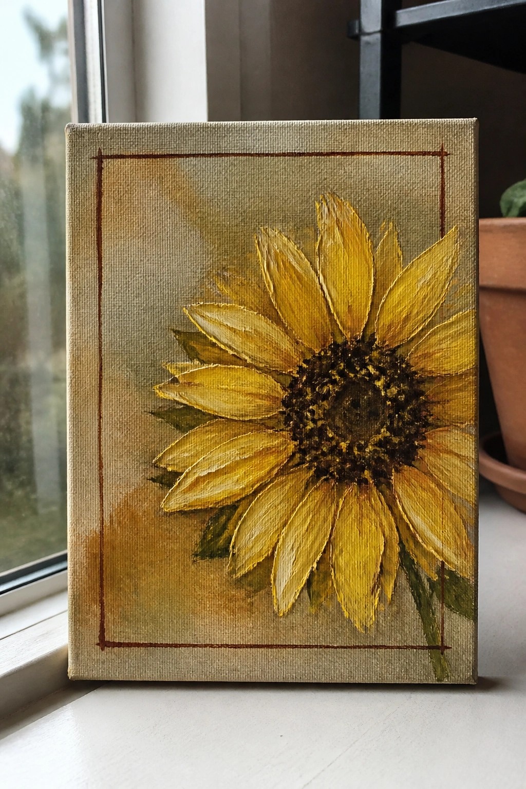 An oil painting of a yellow sunflower with a dark center on a canvas that has a thin brown rectangular border.