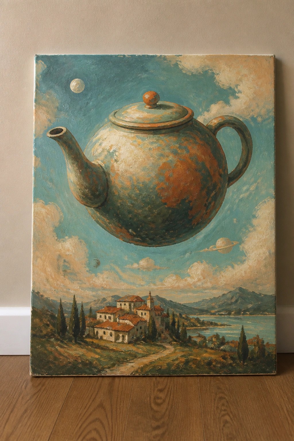 An oil painting of a large weathered teapot floating in a blue sky above a village by a lake with mountains in the background.