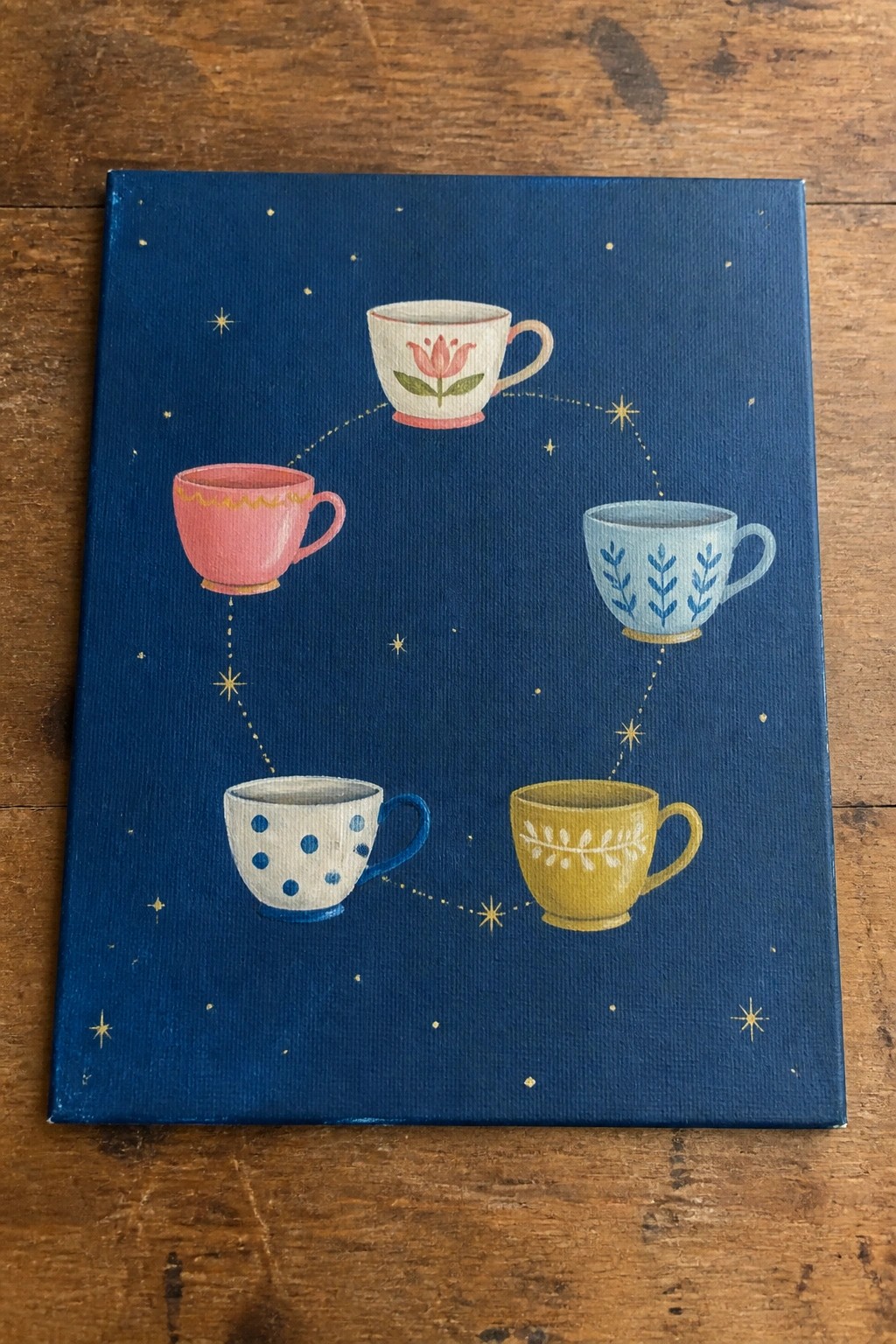 Five colorful teacups linked by dotted lines on a starry navy blue sky.