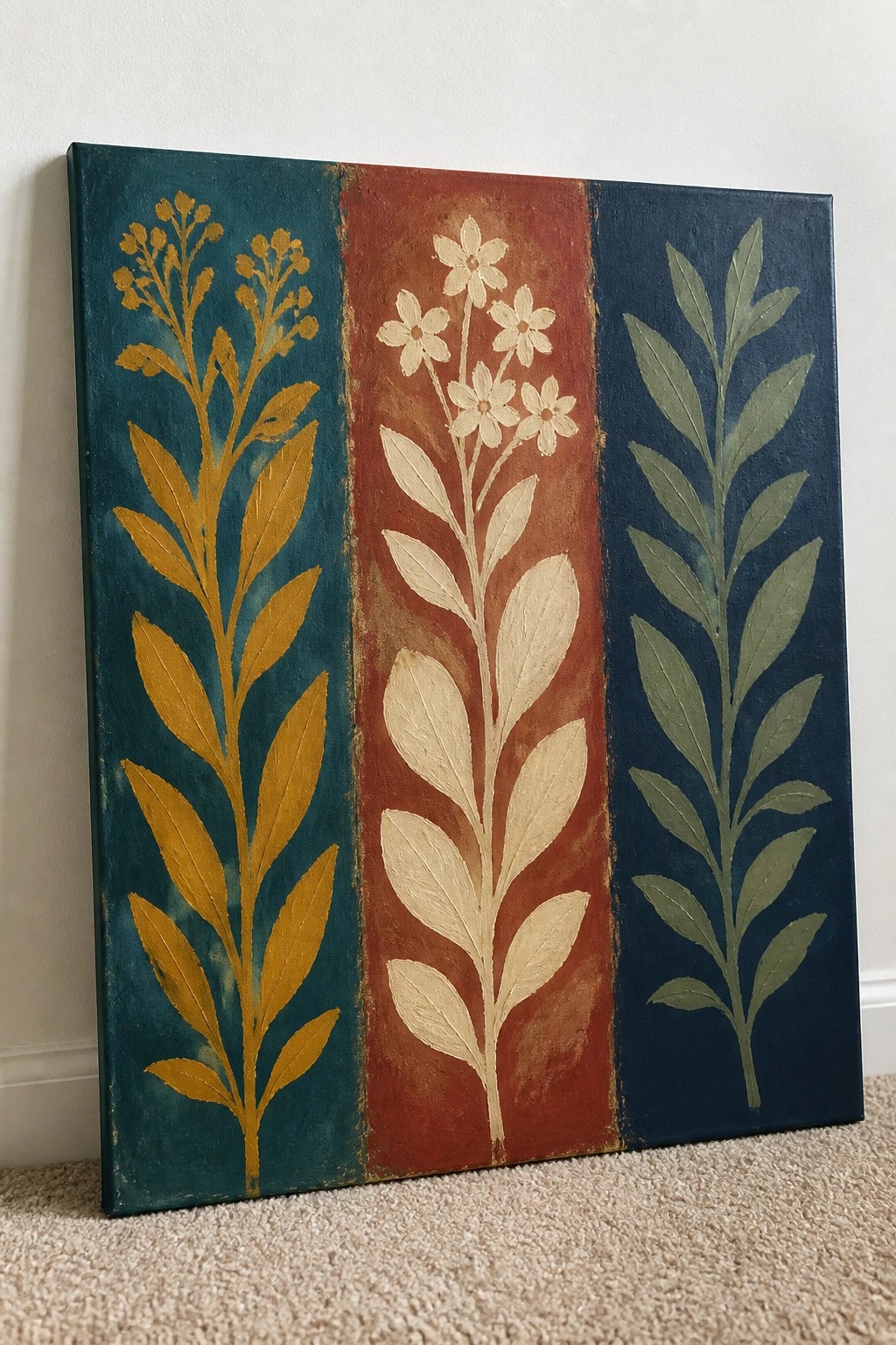 Oil painting divided into three vertical panels showing stylized plants on teal, rust, and navy backgrounds.