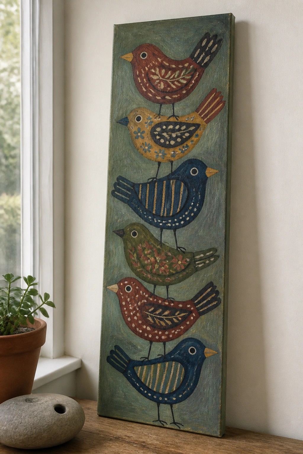 Vertical folk art canvas with five stacked colorful patterned birds on teal