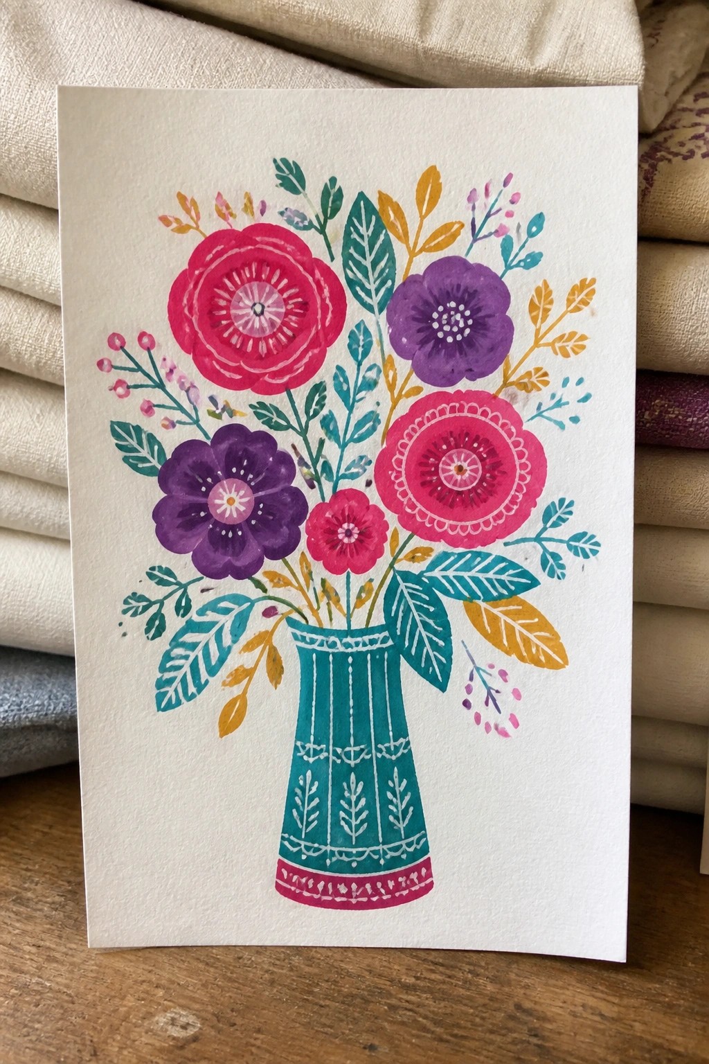 A painting of pink and purple flowers arranged in a teal vase with white patterns on white paper.