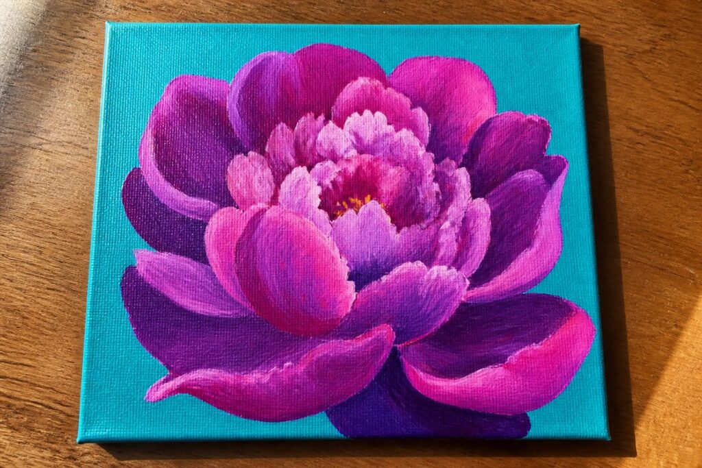 Vivid purple peony with yellow center painted on turquoise canvas.