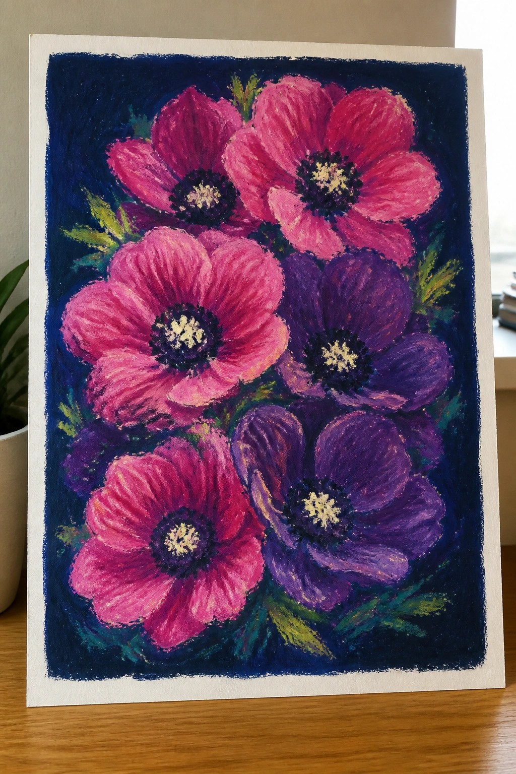 Vibrant pink and purple flowers with yellow centers on dark blue background