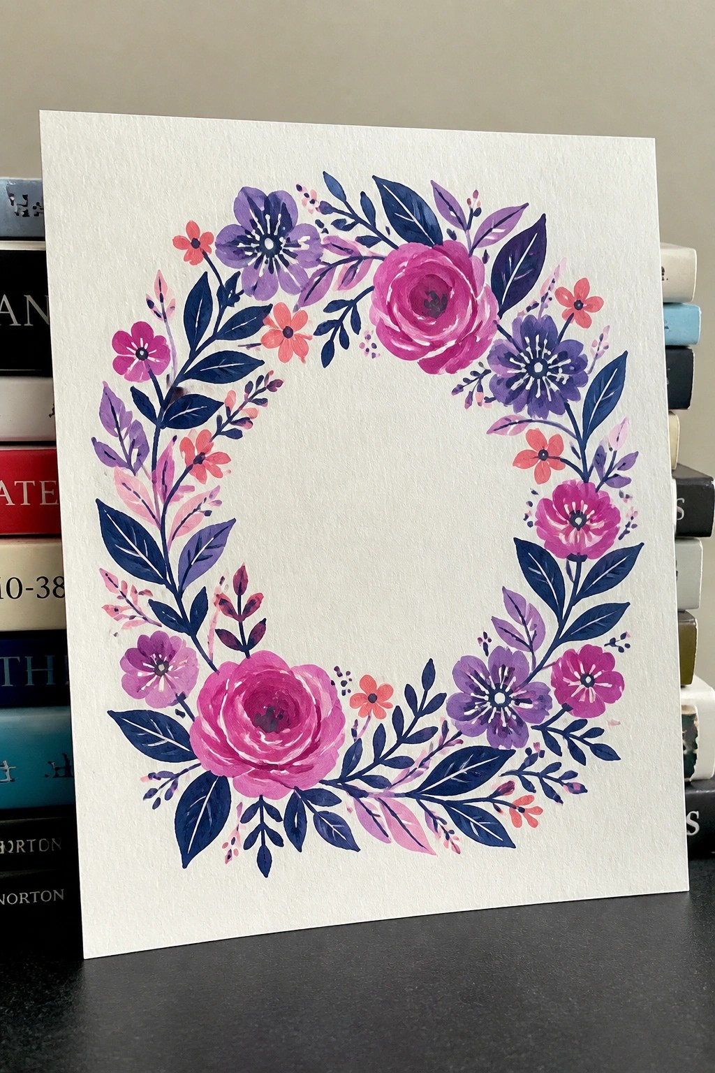 Vibrant pink and purple watercolor floral wreath on white paper against books