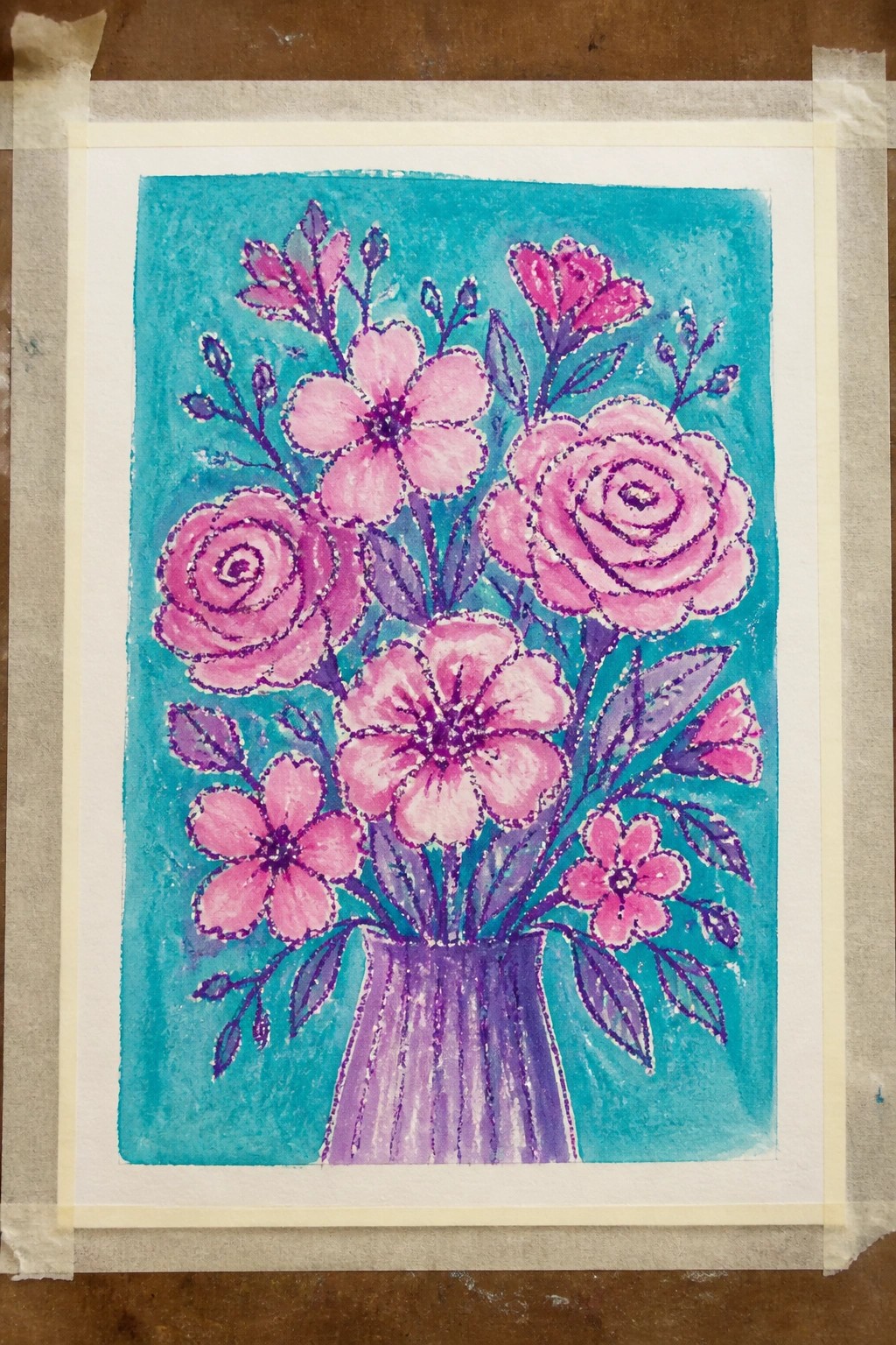 Vibrant pink roses and flowers in purple vase against turquoise background with dotted outlines