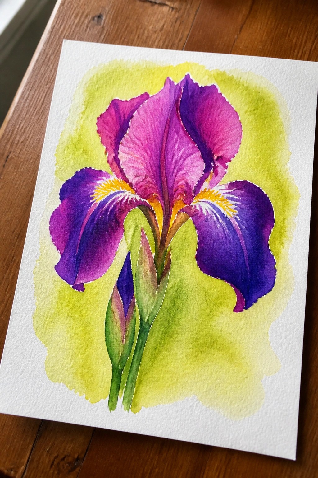 Vibrant purple iris watercolor with yellow accents, green stems, and lime wash background