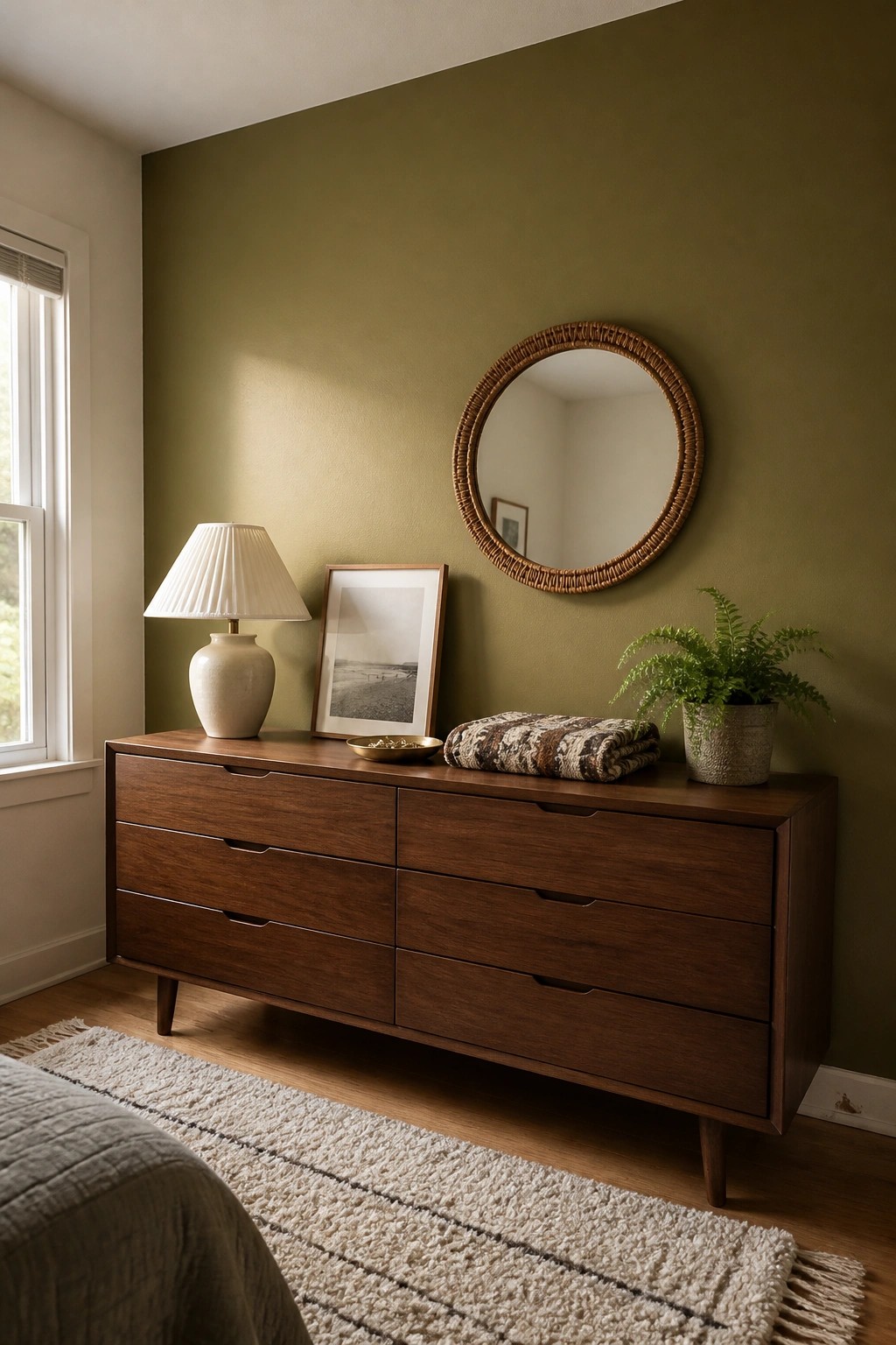 Warm avocado green walls behind a midcentury wood dresser in a bedroom.