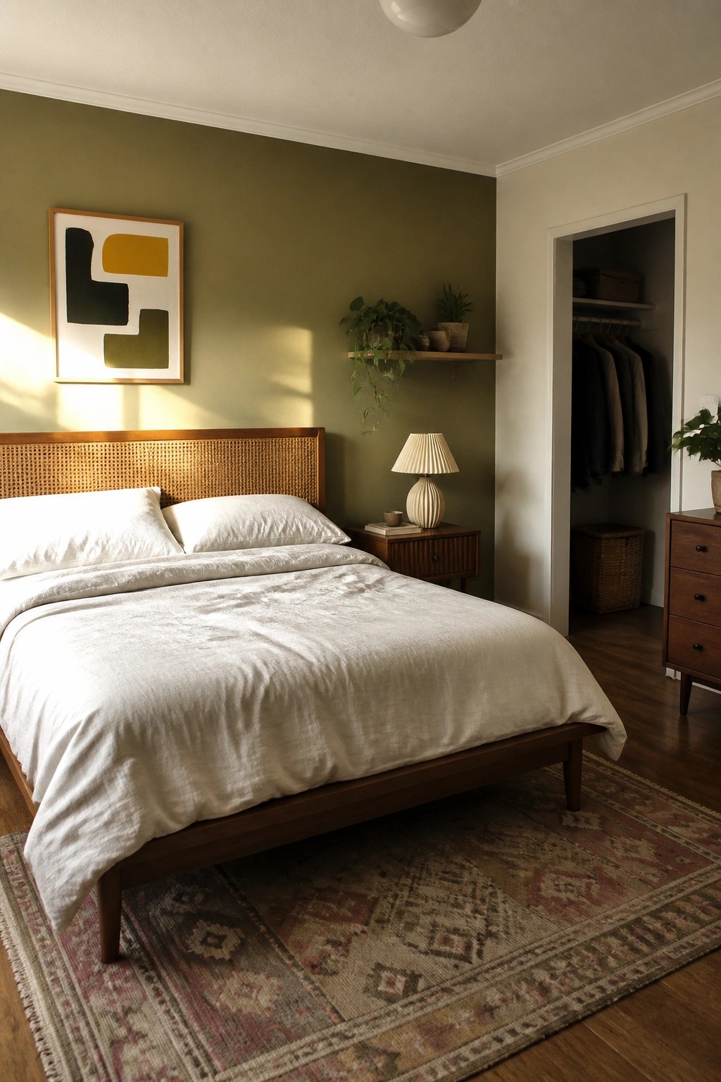 A bedroom with warm avocado green walls and a wooden bed frame.