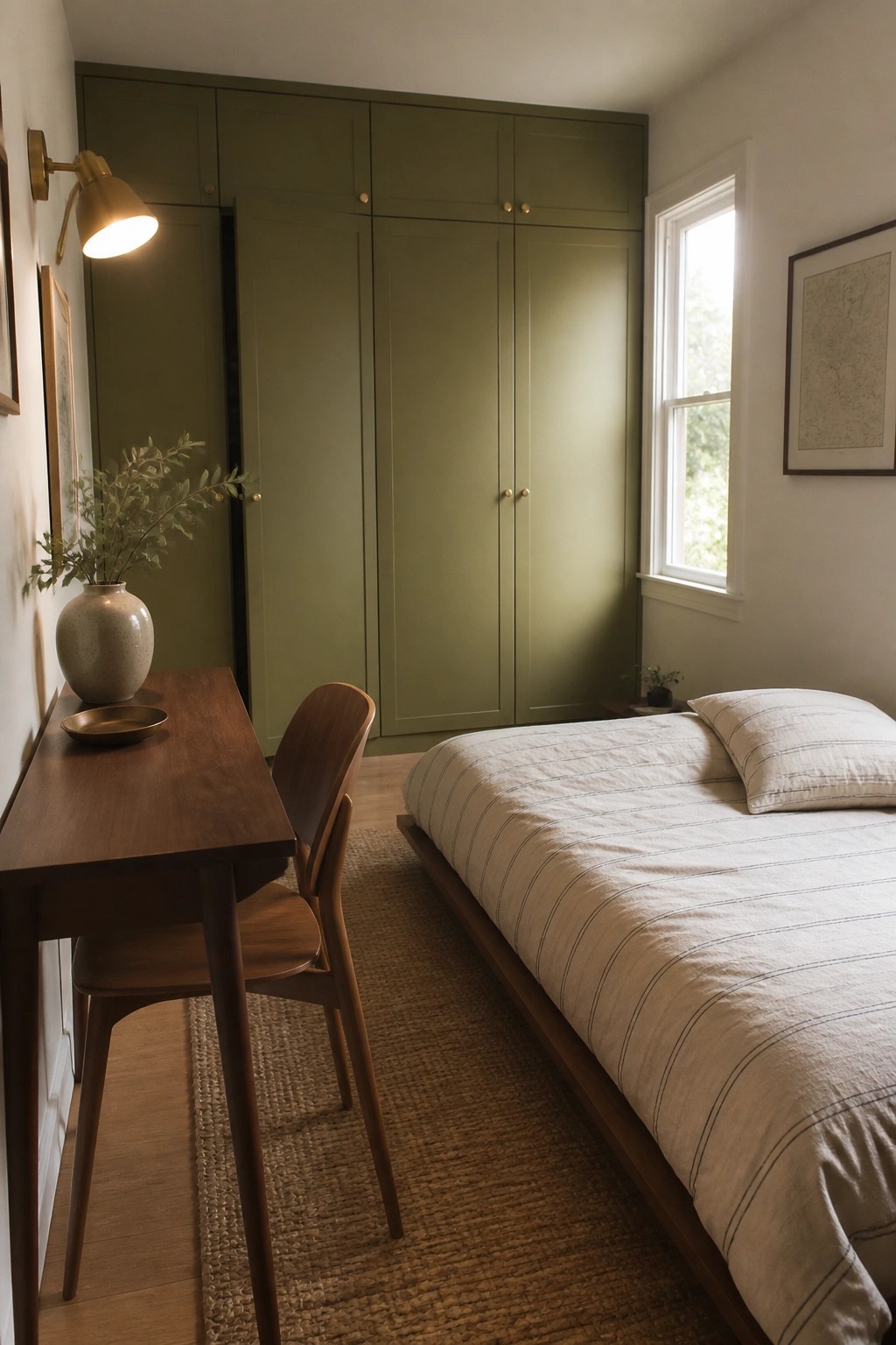 Minimalist bedroom with olive green wardrobe, wooden desk and chair, striped bed.