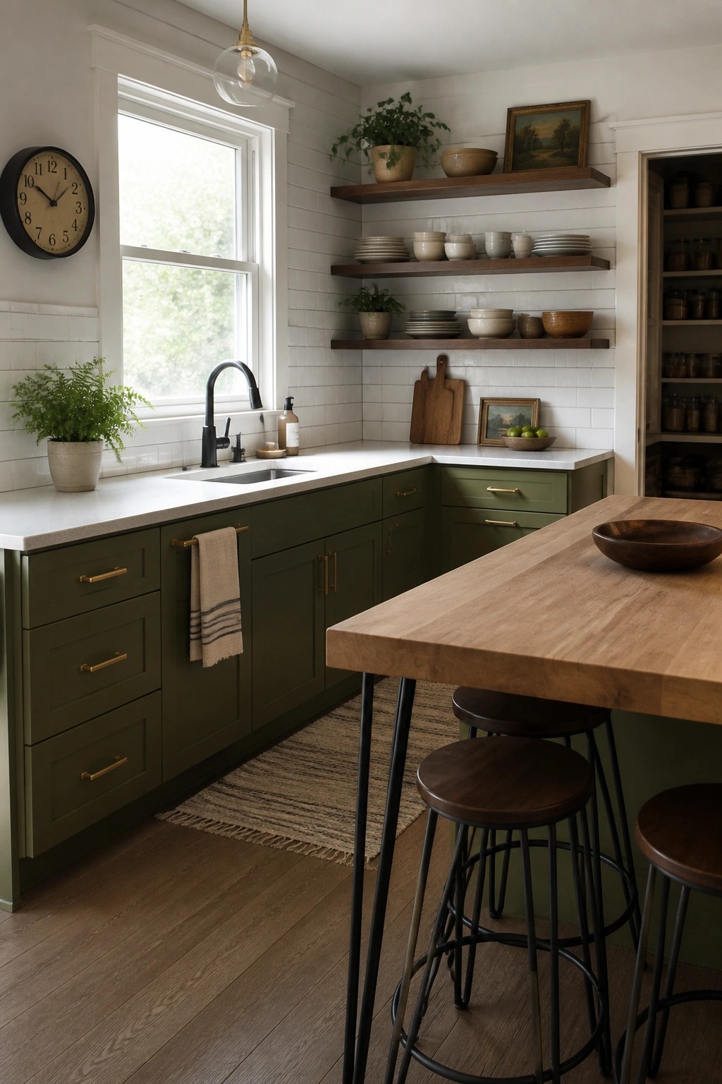 Olive green kitchen cabinets paired with a wooden island and white tile backsplash.
