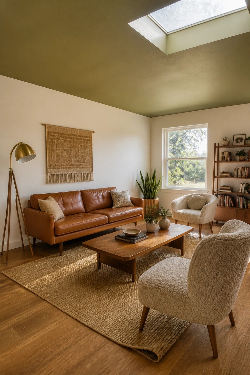 Living room ceiling painted warm avocado green above leather seating and wood flooring.
