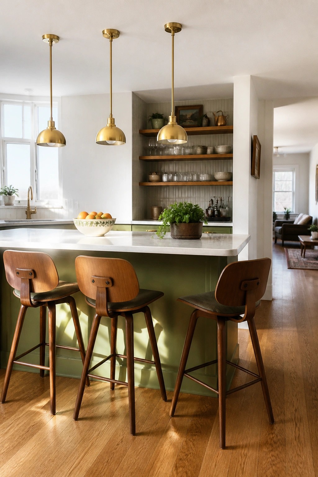 A kitchen island painted warm avocado green with three wooden bar stools in front.