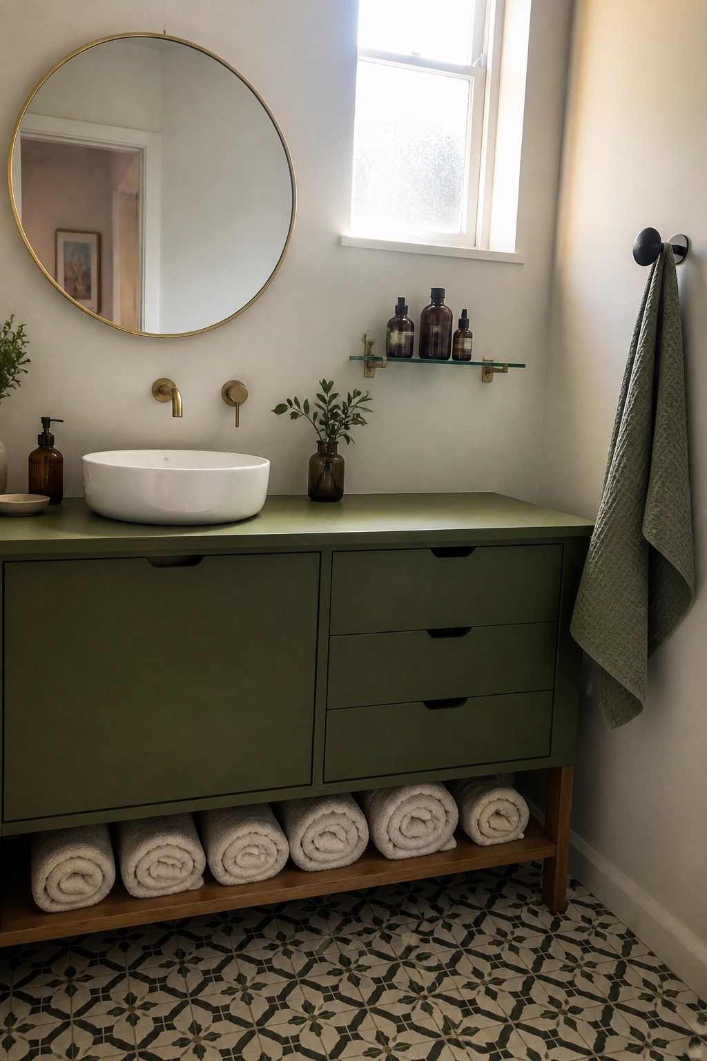 Avocado green vanity cabinet in a bright bathroom.