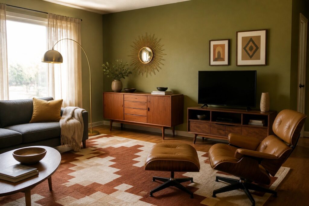 Mid-century living room with green walls, leather chair, and geometric orange rug
