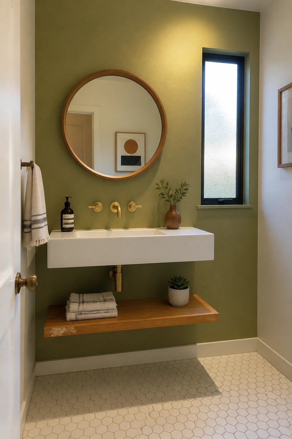 A bathroom featuring warm avocado green walls with a white floating sink and wood shelf.