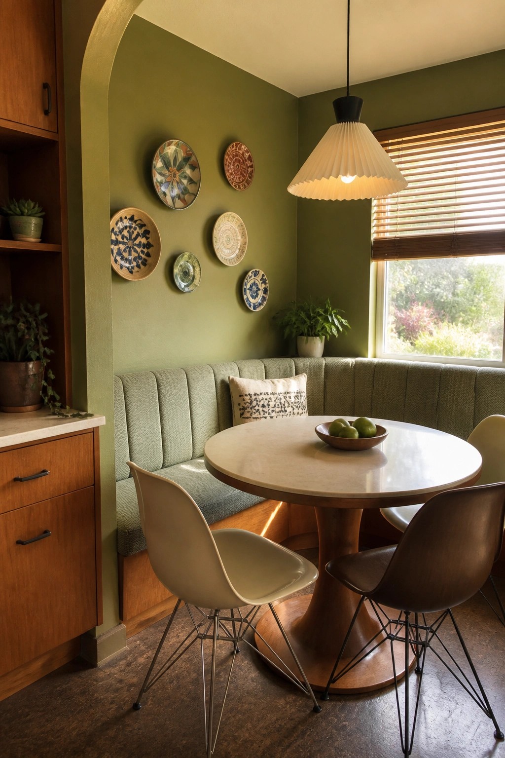 Green dining nook with round marble table, upholstered banquette, decorative plates, and pendant light.