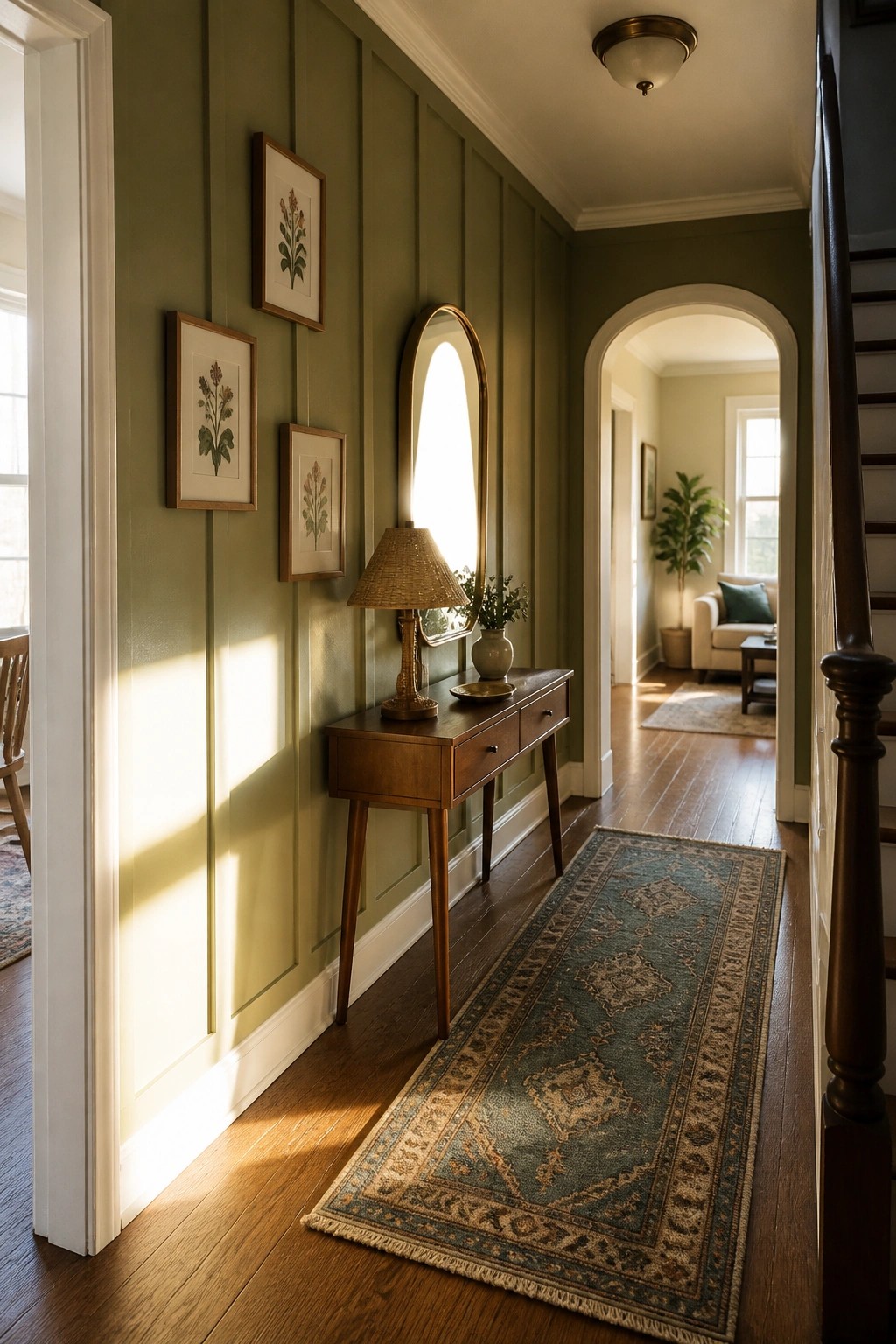 Warm avocado green paneling lines a narrow hallway with wood furniture and flooring.