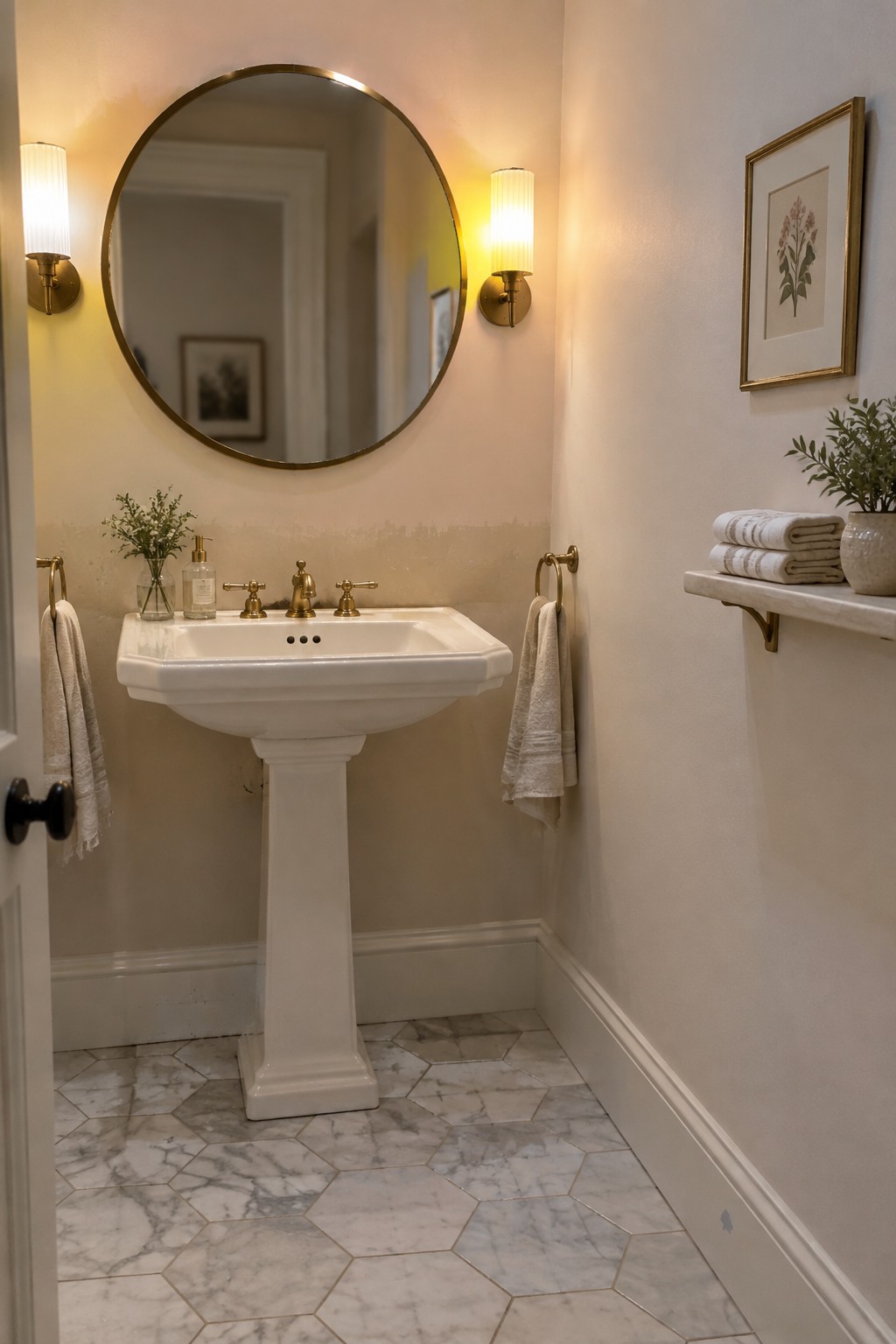 Creamy white walls in a bathroom with a white pedestal sink and marble hex tile floor.