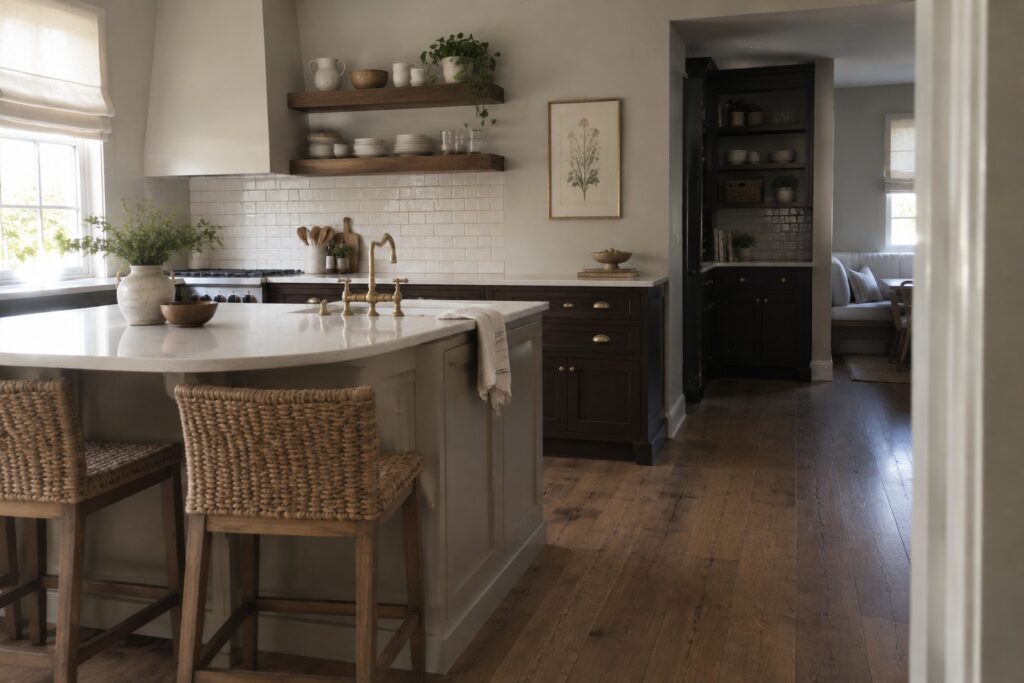 A kitchen island painted in soft greige sits beside dark wood cabinets and a white marble countertop.