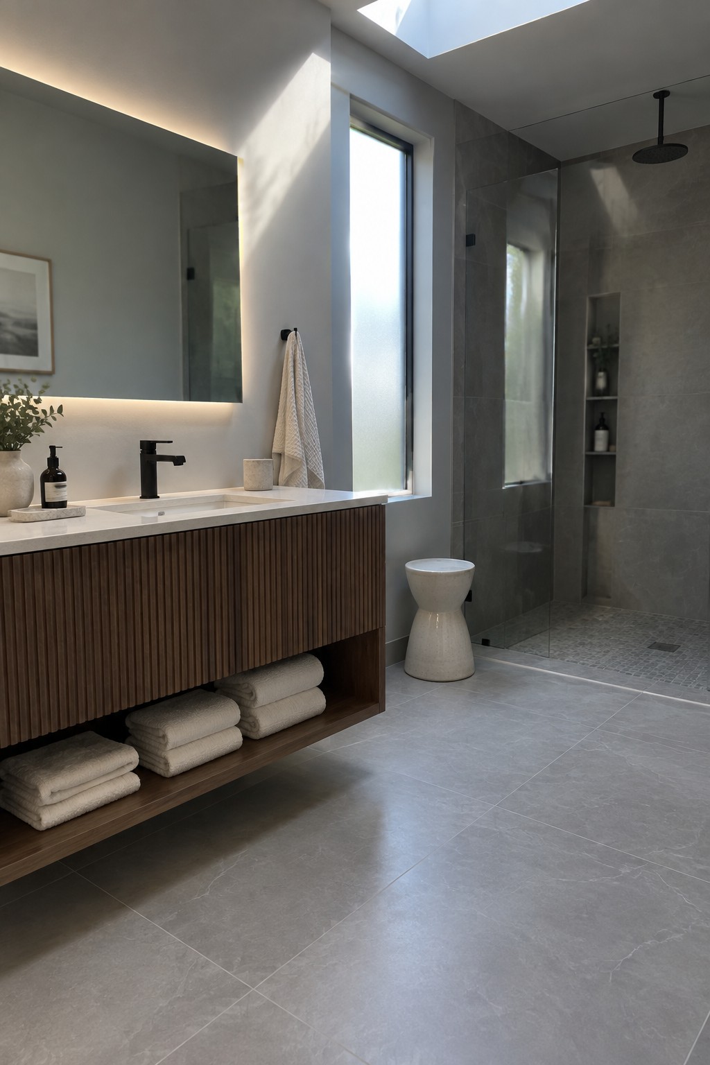Modern bathroom with floating wood vanity, stacked towels, and glass shower.