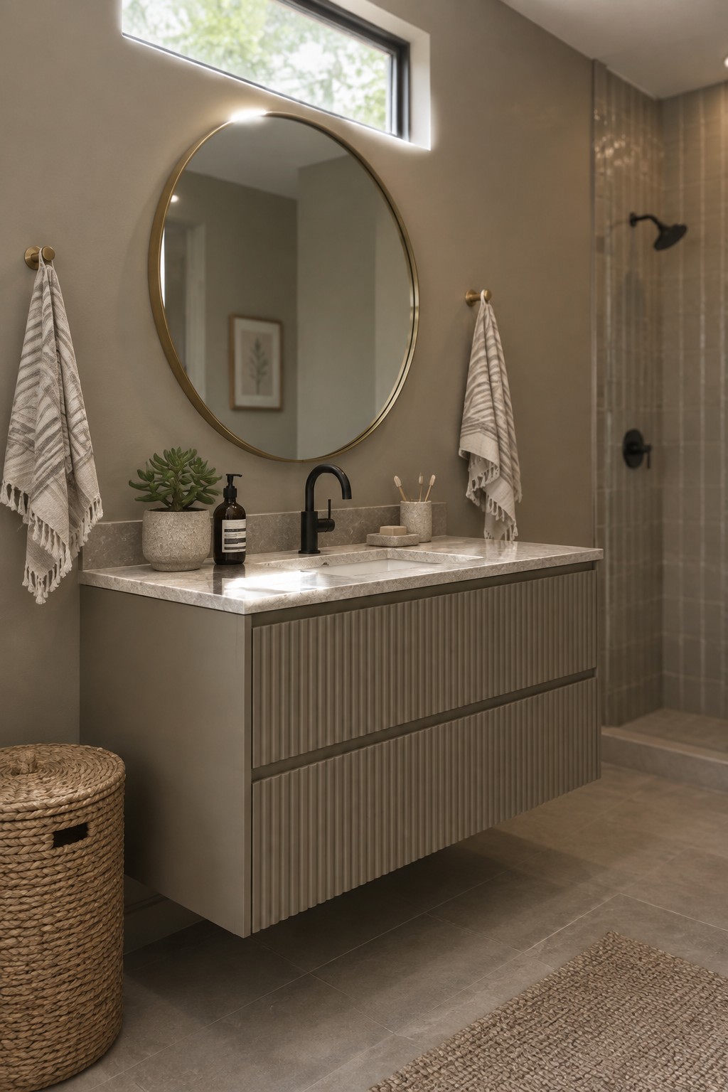 Greige painted vanity and walls in a minimalist bathroom with marble countertop.