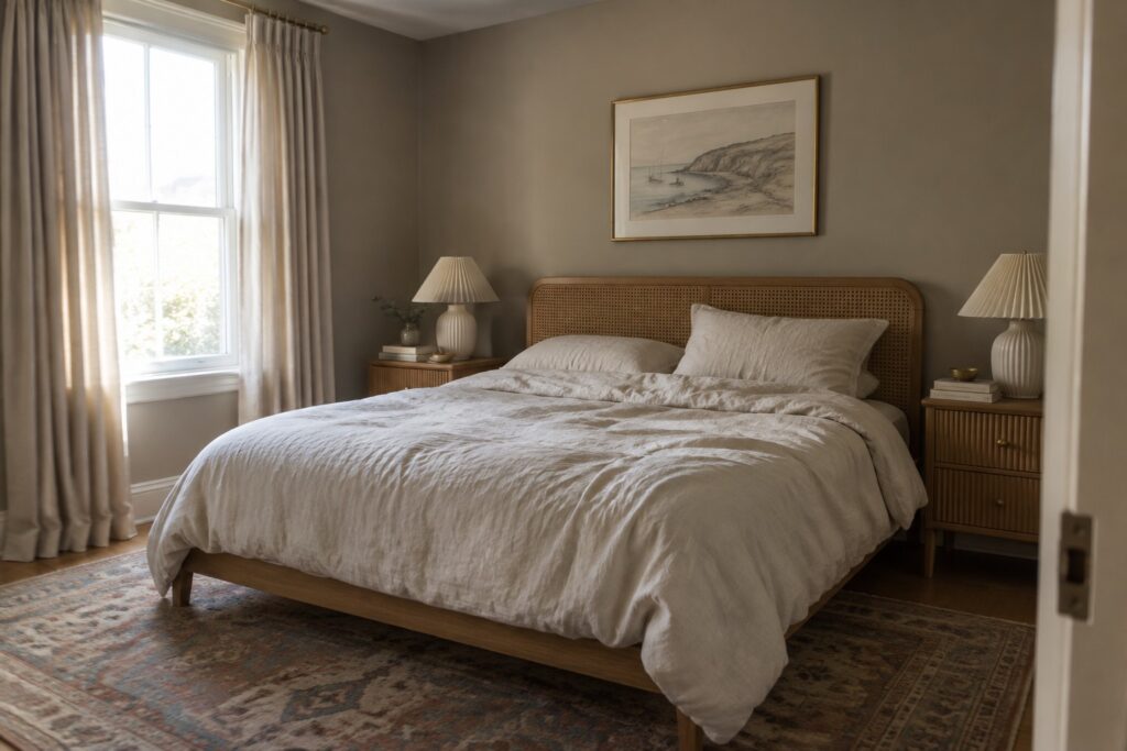 15 Valspar Greige Paint Colors for a Versatile Home Palette Cozy bedroom with wooden bed, white linens, rattan headboard, and patterned rug
