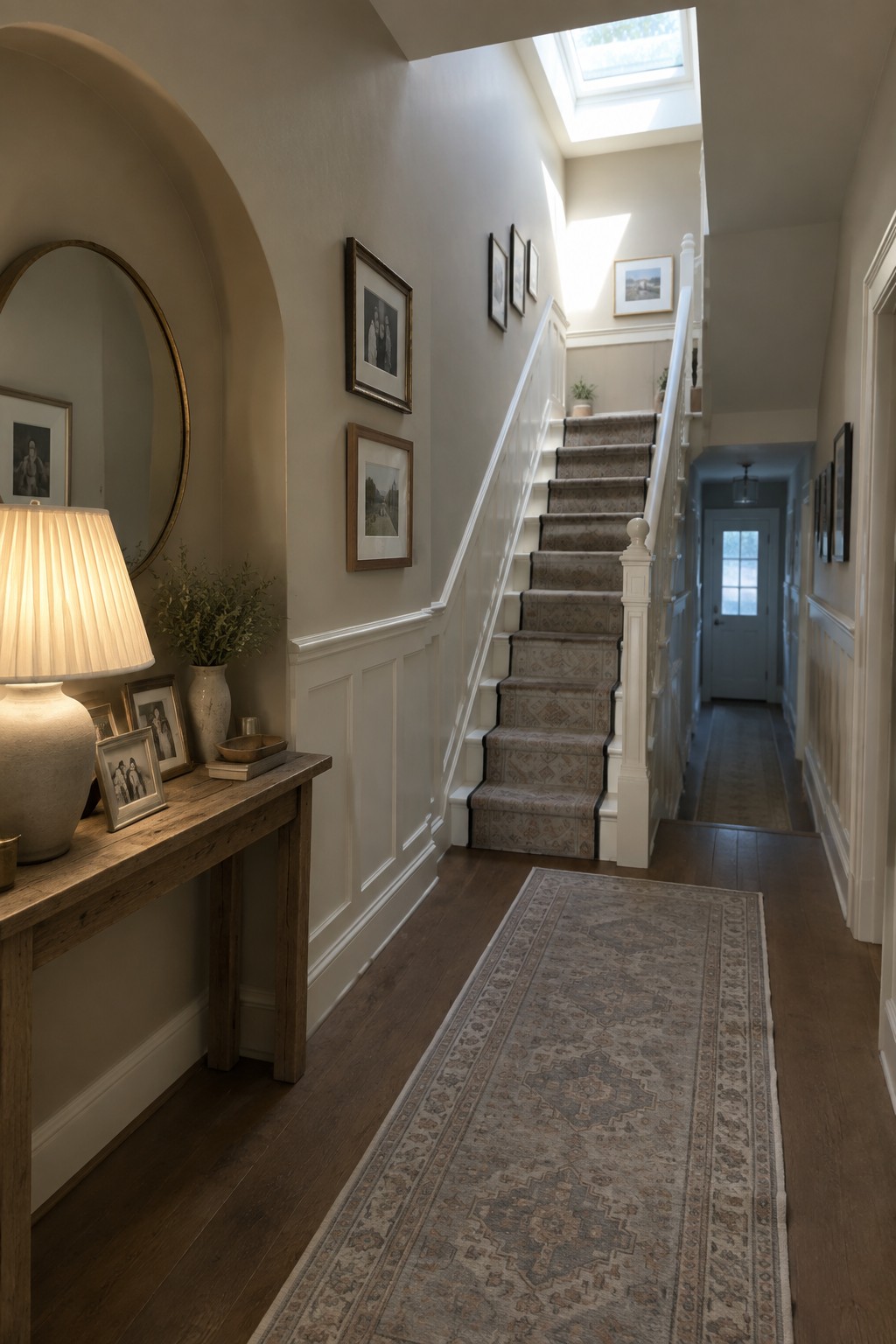 Elegant hallway with wooden console table, arched mirror, staircase, and patterned rugs.
