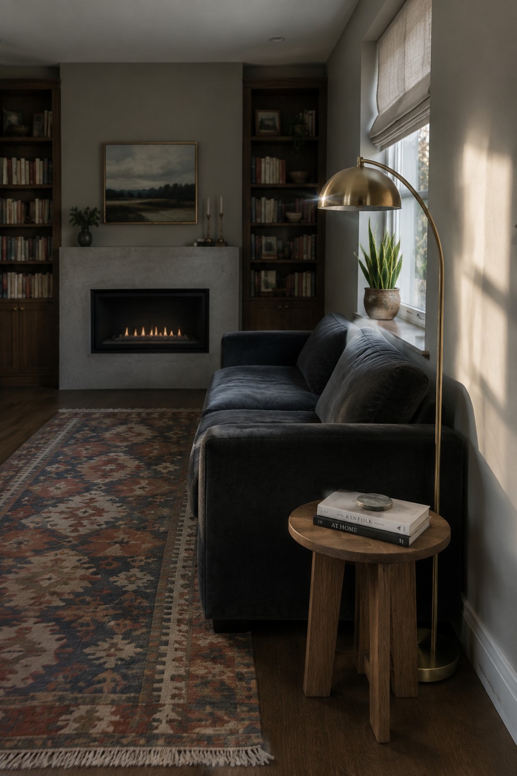 Dark blue velvet sofa beside lit fireplace, bookshelves, brass lamp, and patterned rug.